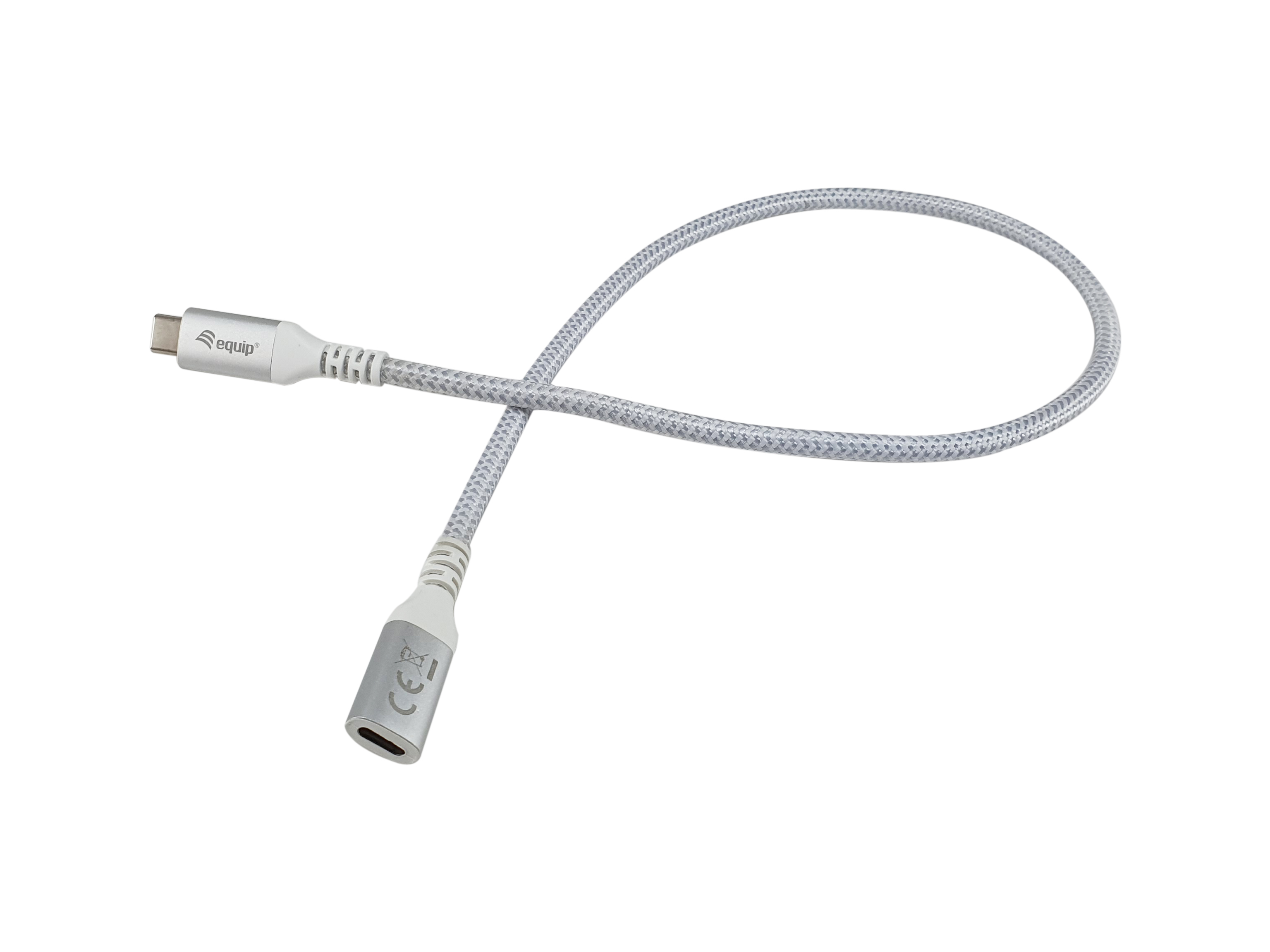 Witte en zilveren kabel met USB-C- en USB-C-connectoren.