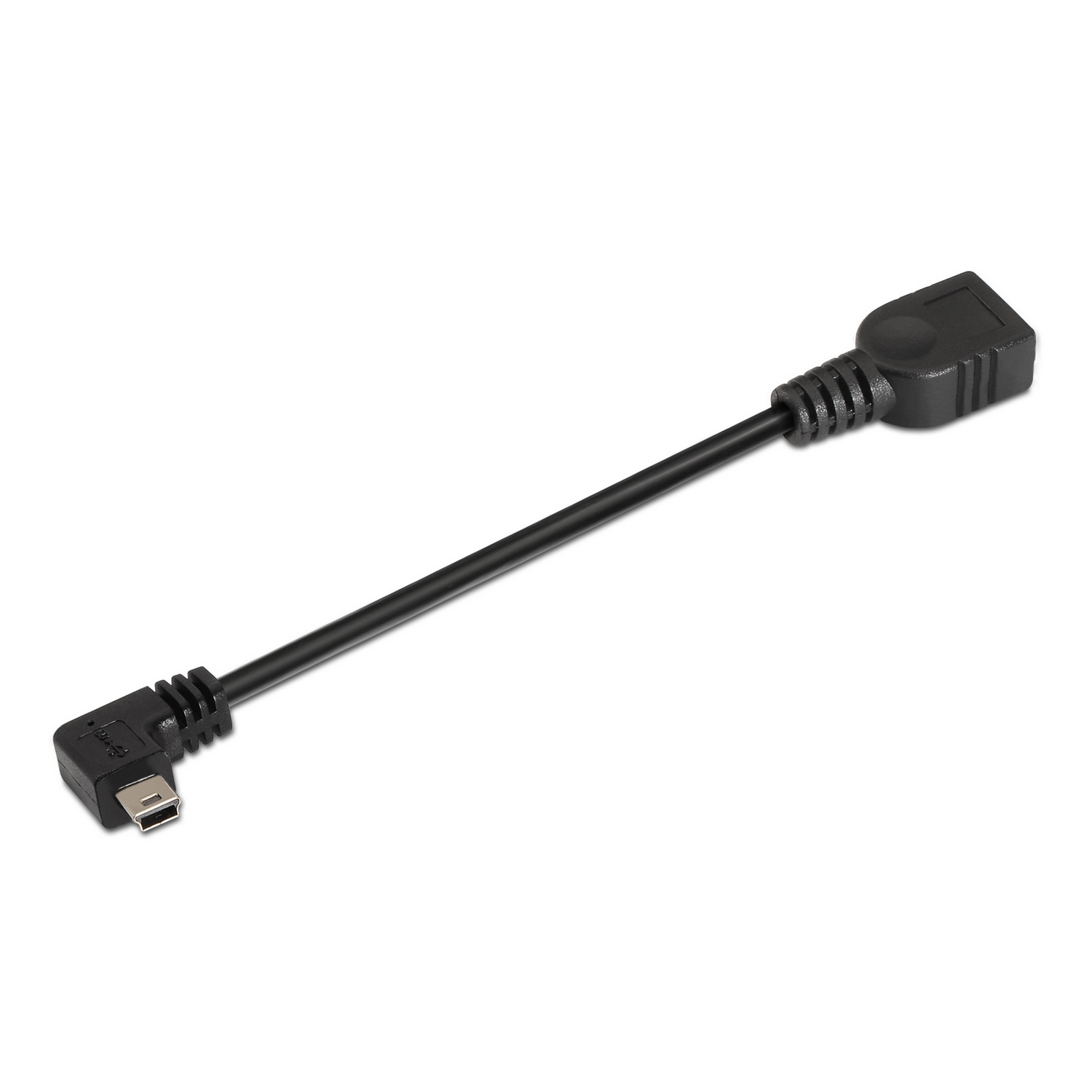 USB negro a mini-USB con conector en ángulo recto.