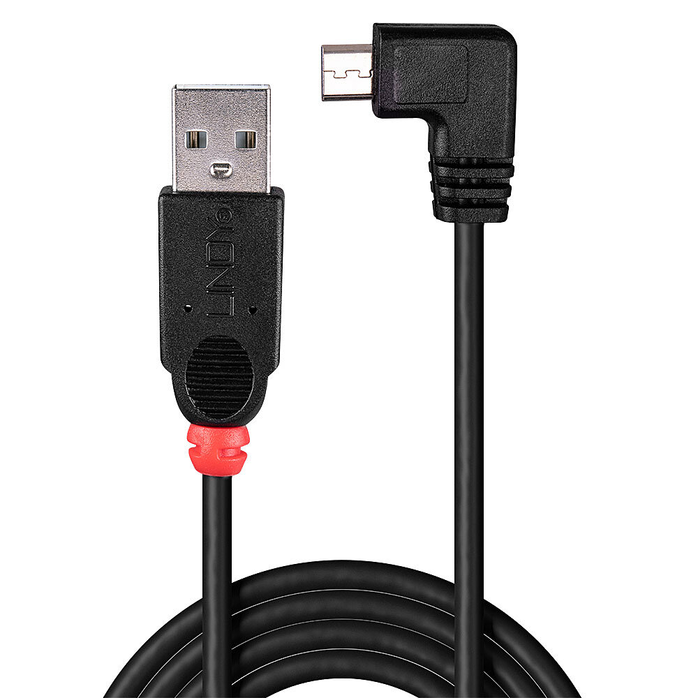 Ein schwarzes USB-Kabel mit einem rechtwinkligen Micro-USB-Anschluss auf weißem Hintergrund.