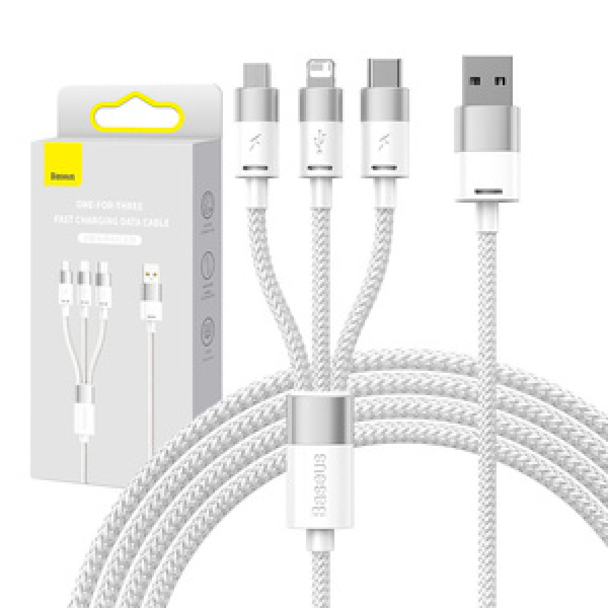 Kabel z 4 złączami. Lightning, USB-C i USB-A. Białe tło.