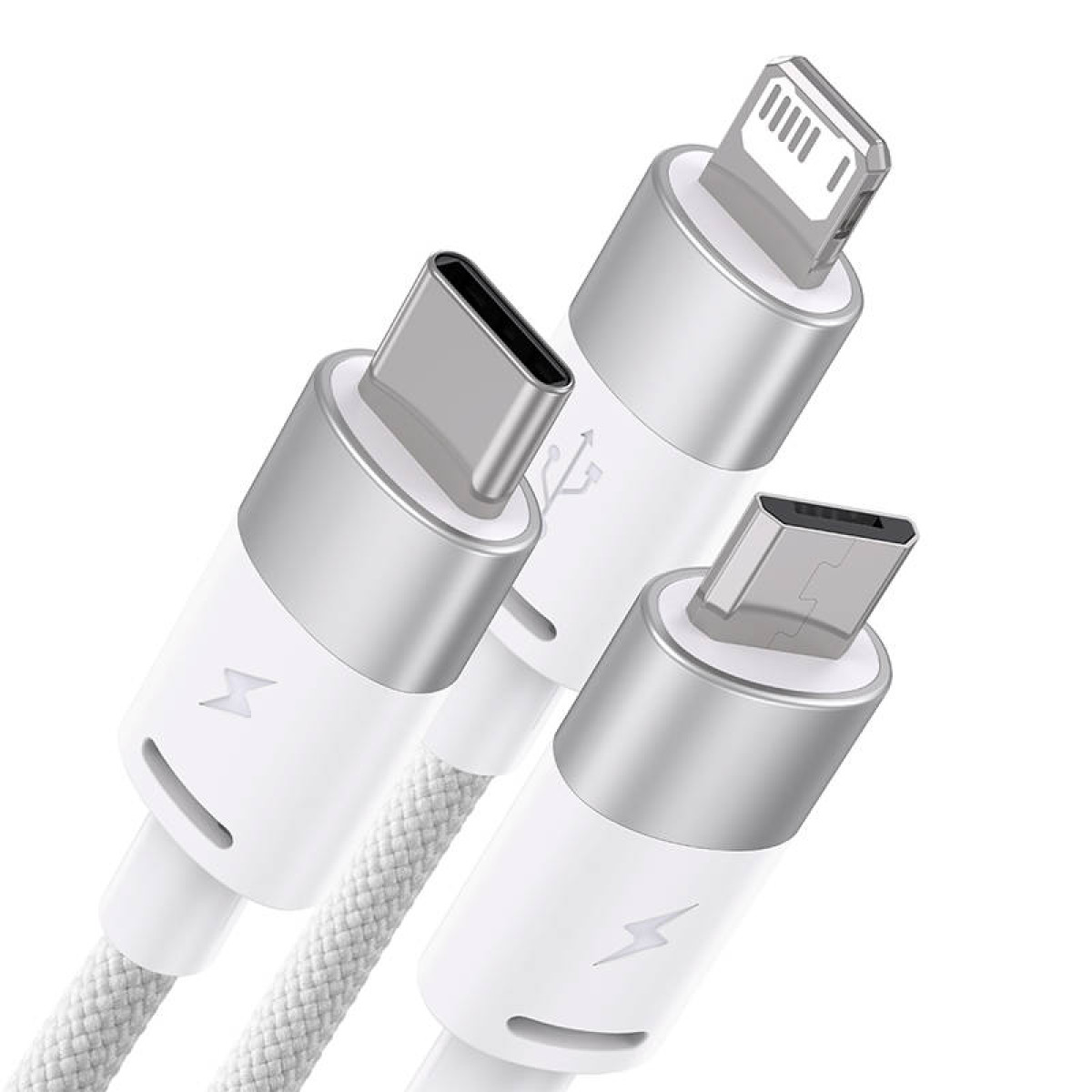 Białe kable USB z wtyczkami USB-C, Micro-USB i Lightning z białymi plecionymi kablami.