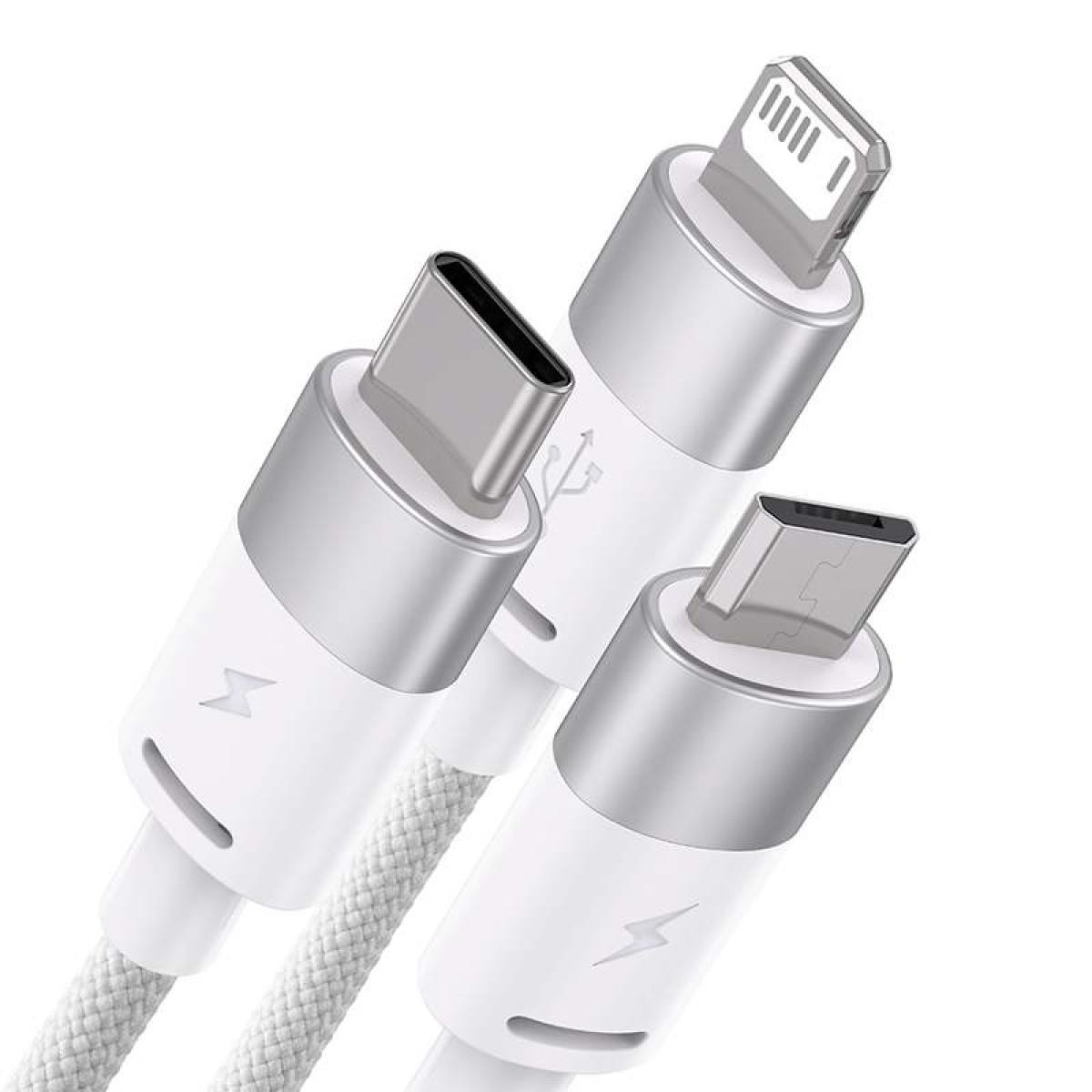 Nahaufnahme von weißen Ladekabeln mit USB-C- und Lightning-Anschlüssen.