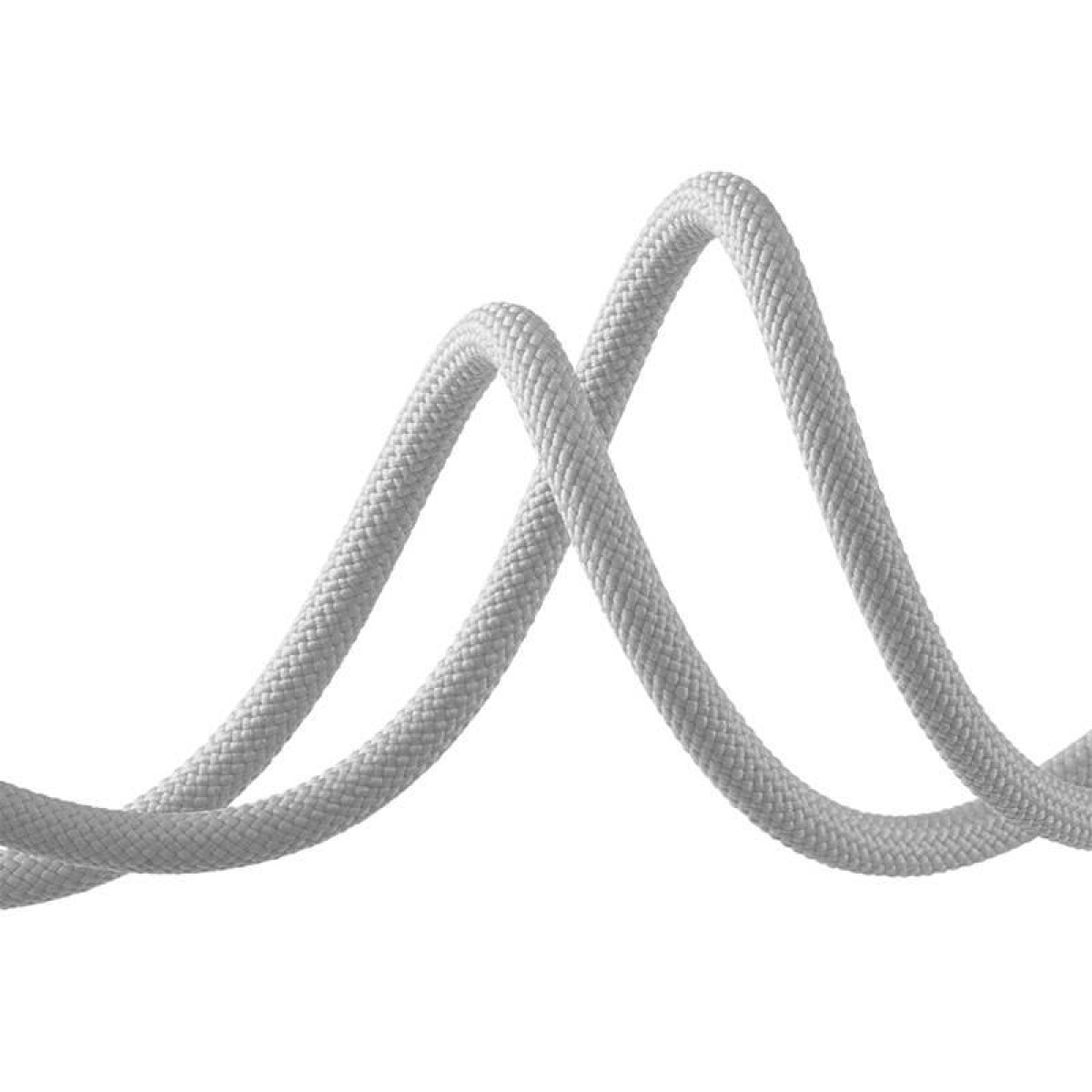 Ein graues, geflochtenes Kabel, das eine gekrümmte, achtförmige Form vor einem weißen Hintergrund bildet.