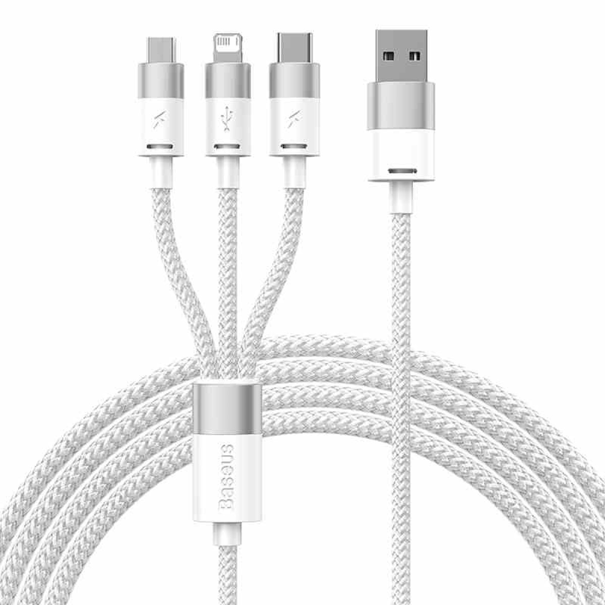 Kable ładujące: Lightning, USB-C i USB-A do USB-A, z białą podstawą.
