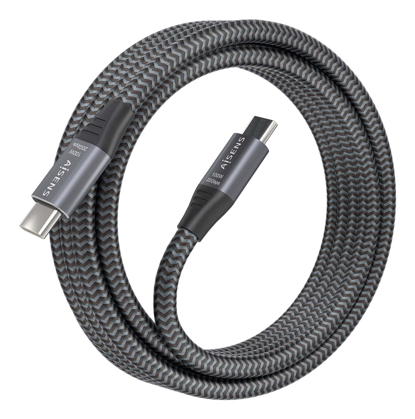 Cavo USB-C intrecciato. Entrambe le estremità sono USB-C. Sfondo bianco.