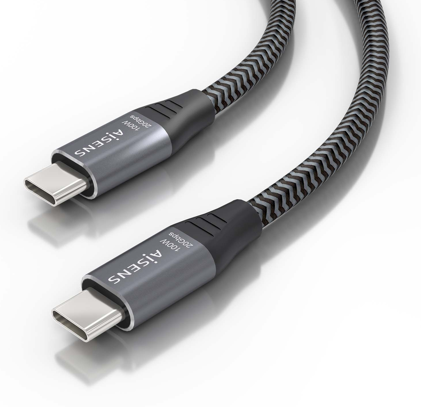 Cavo USB-C nero con motivo a zig-zag grigio e nero. Connettori grigi con logo Aisens.