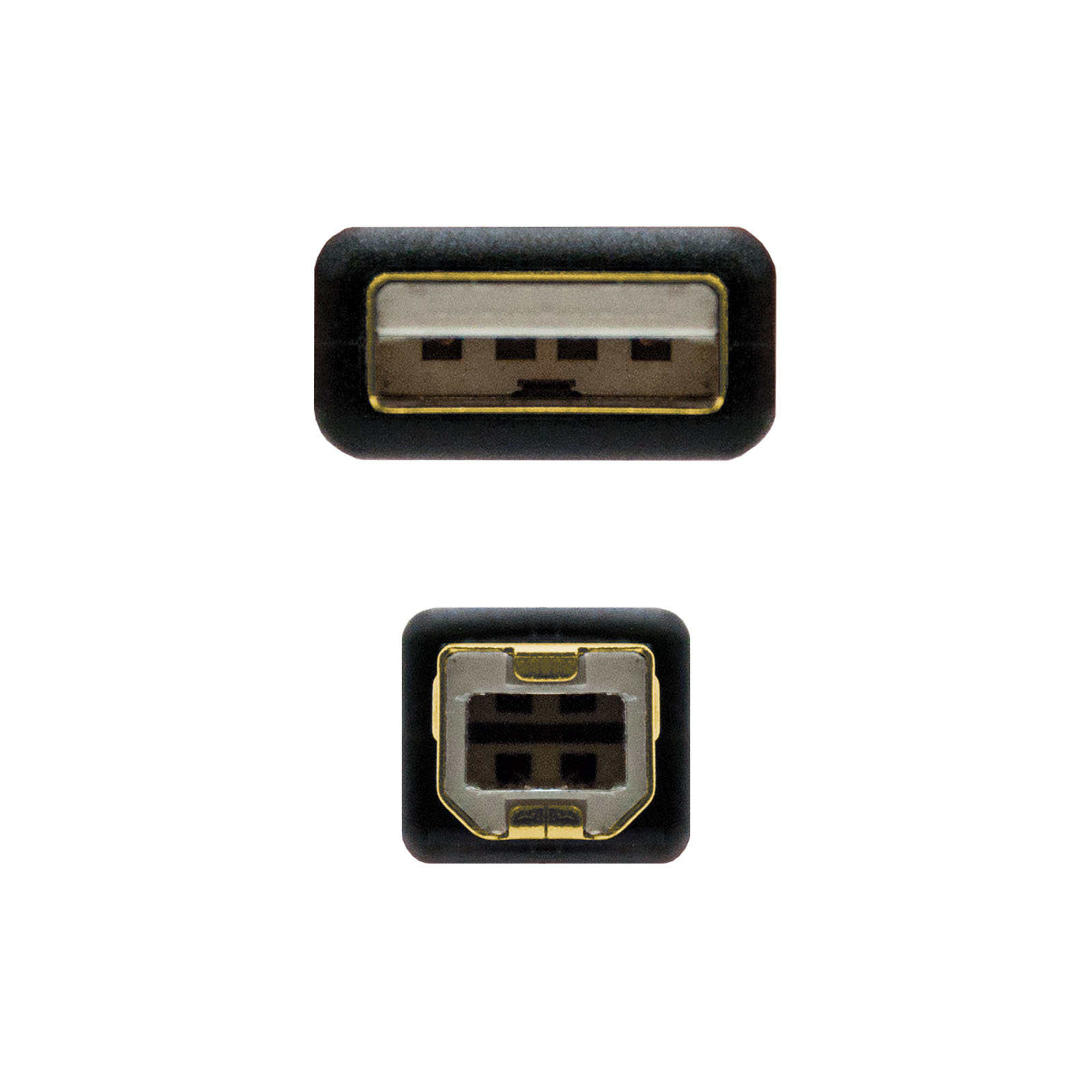 Close-up van USB- en DisplayPort-connectoren, zwart en zilver, geïsoleerd op wit.