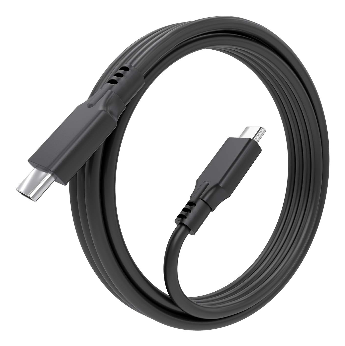 Zwarte USB-C-kabel, opgerold op witte achtergrond.