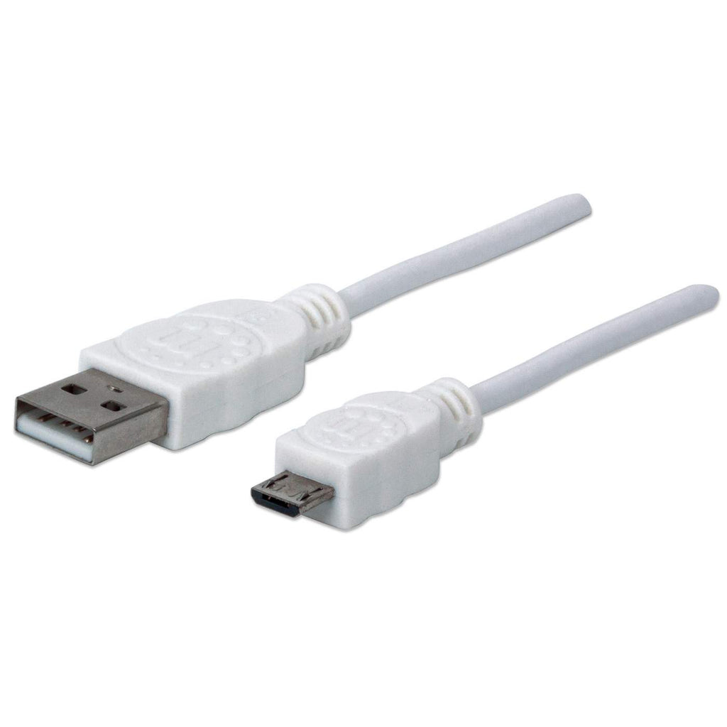 Un cavo da USB a Micro-USB bianco. Lo sfondo è bianco. Il cavo è dritto. Entrambe le estremità sono visibili.