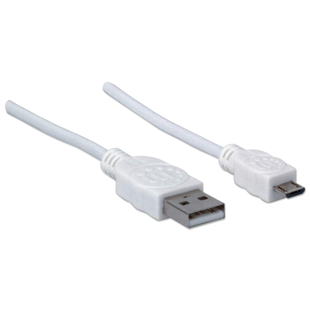 Due cavi USB bianchi con connettori bianchi su una superficie bianca. Uno è USB, l'altro micro USB.