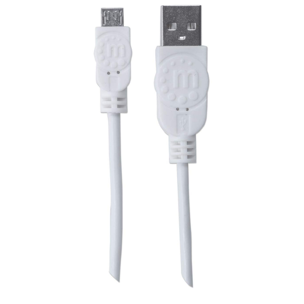 Un cavo Micro-USB bianco con un connettore USB bianco, su sfondo bianco.