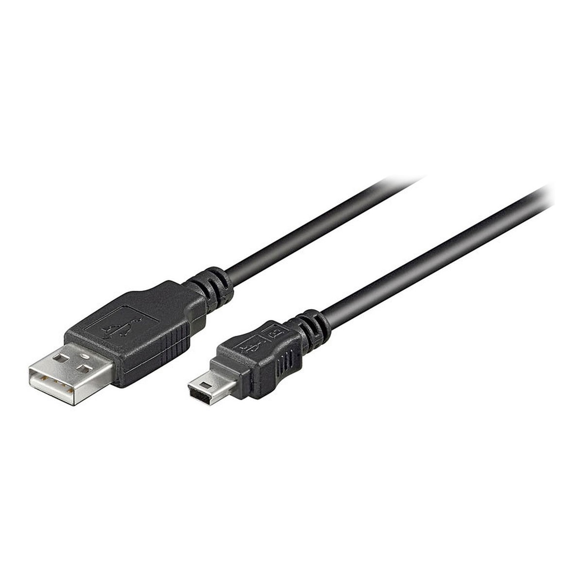 Cavo USB nero con connettore USB-A e Micro-USB. Il cavo è su una superficie bianca.