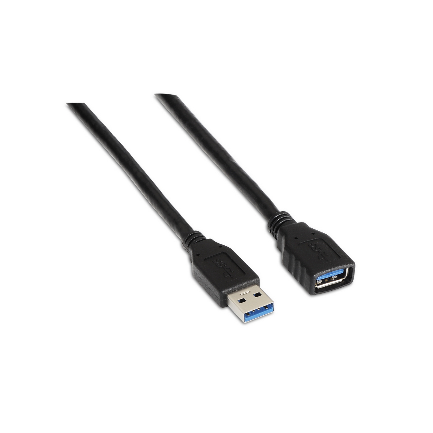 Cavo USB 3.0 nero con connettore blu, sfondo bianco.