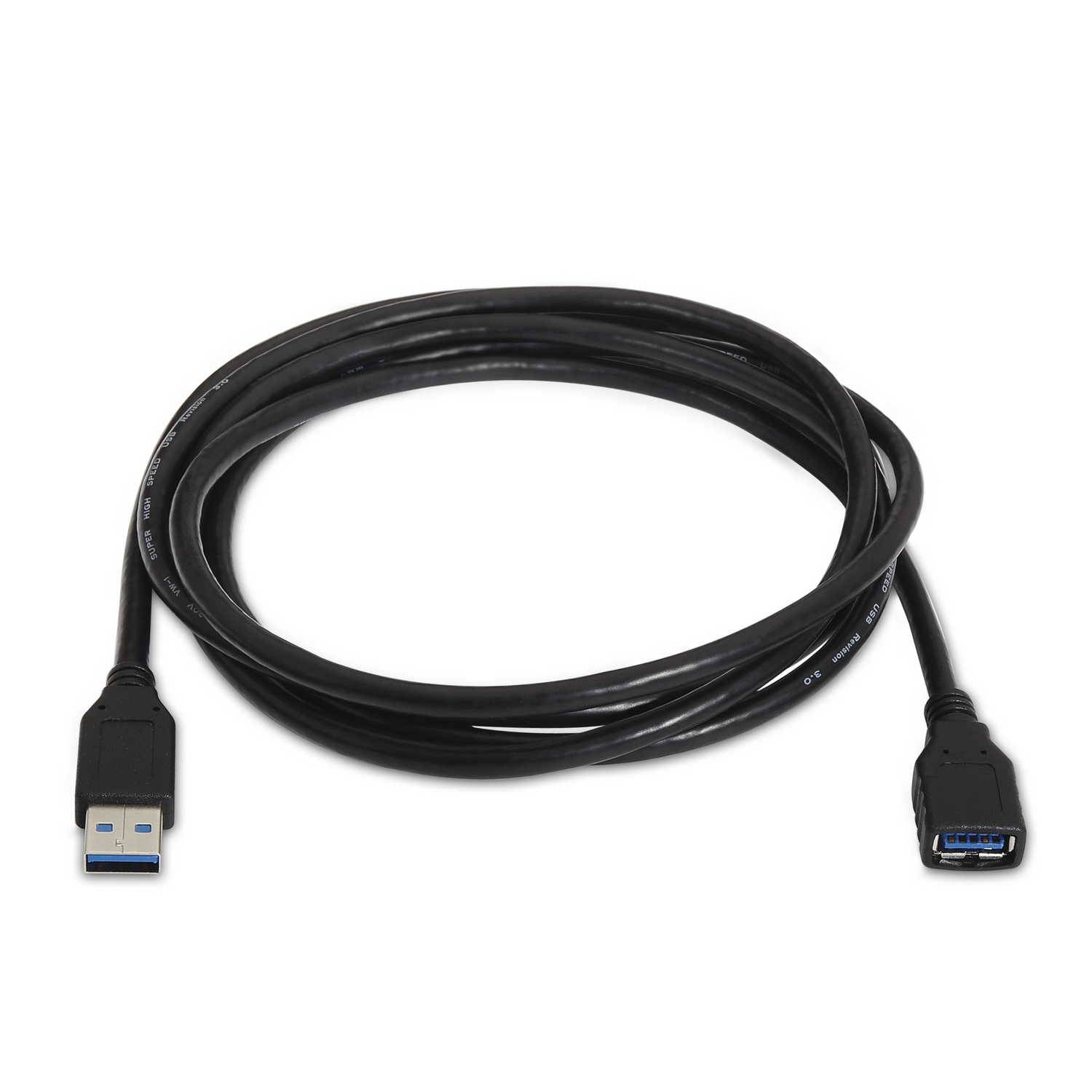 Un lungo cavo USB 3.0 nero con connettori blu, su sfondo bianco.