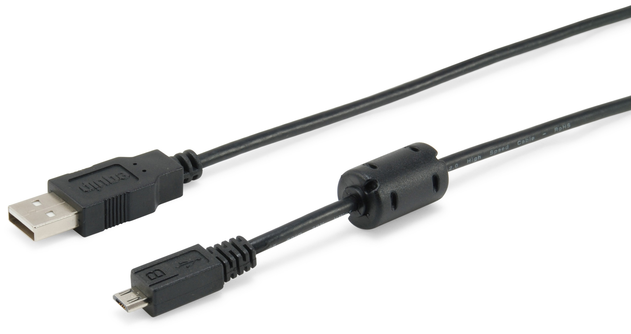 Un câble USB noir avec connecteurs USB et Micro-USB, sur fond blanc.