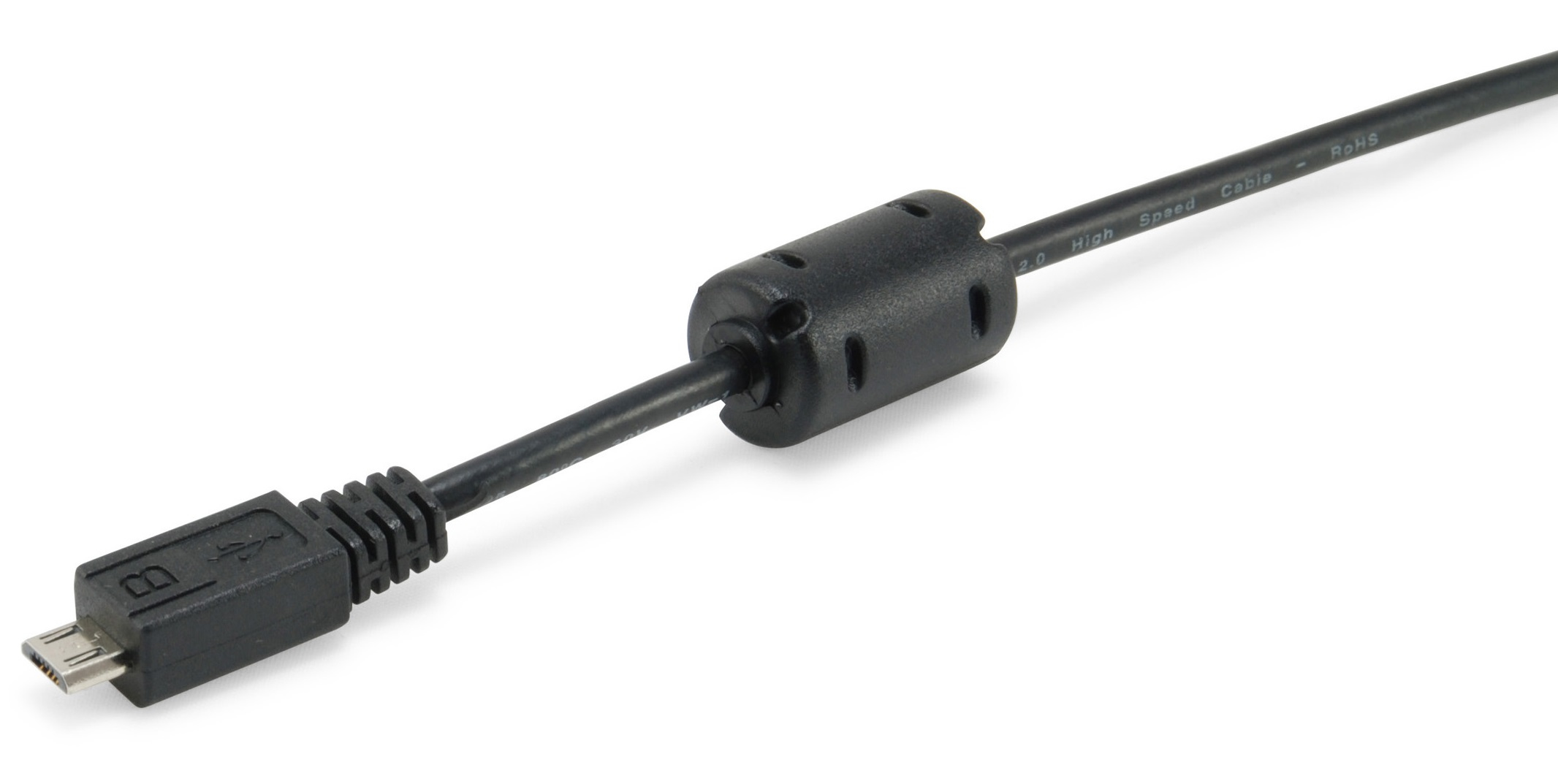 Câble USB noir avec Micro-USB à une extrémité et un cylindre noir au milieu.