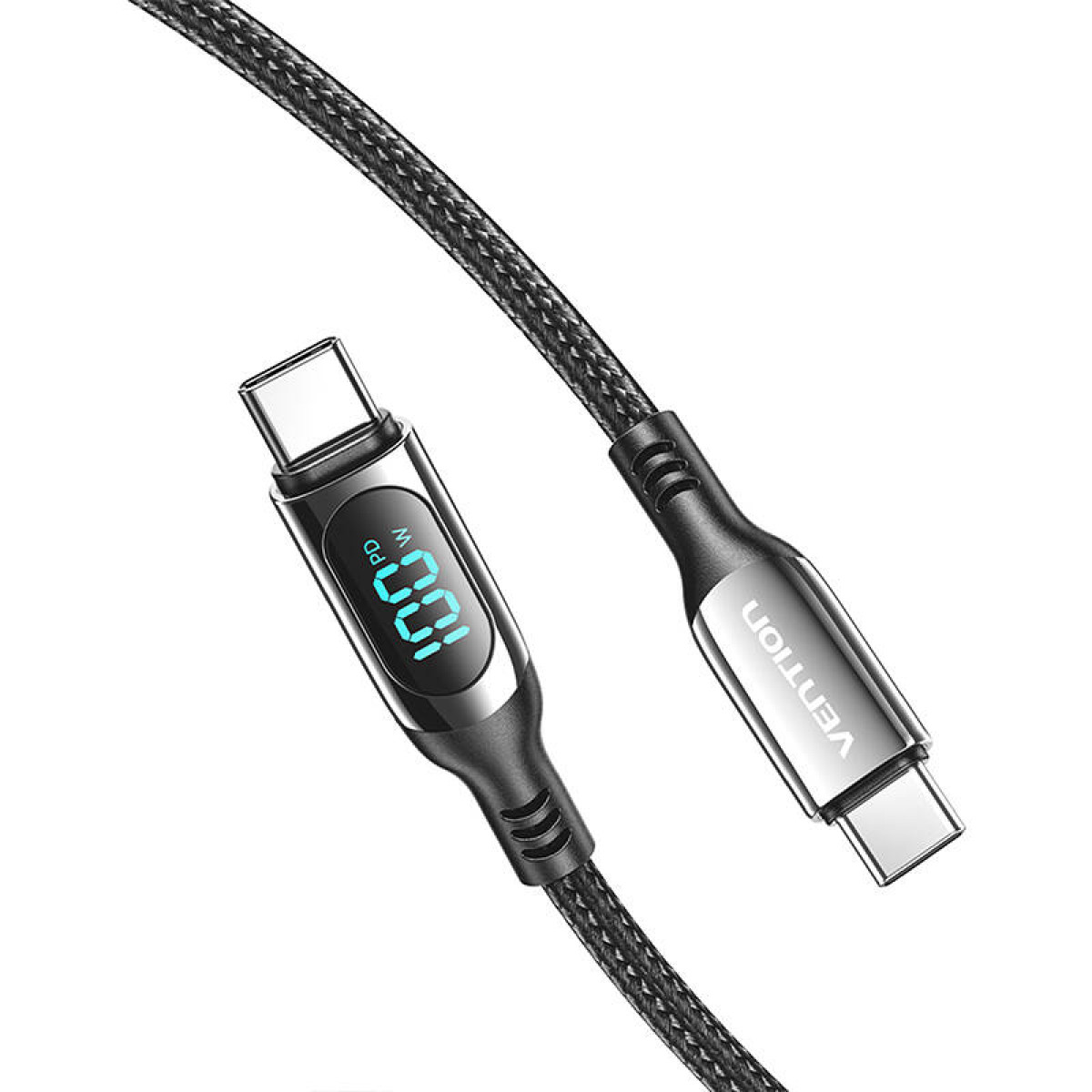 Czarny kabel USB-C Vention z cyfrowym wyświetlaczem pokazującym 100W i logo Vention.