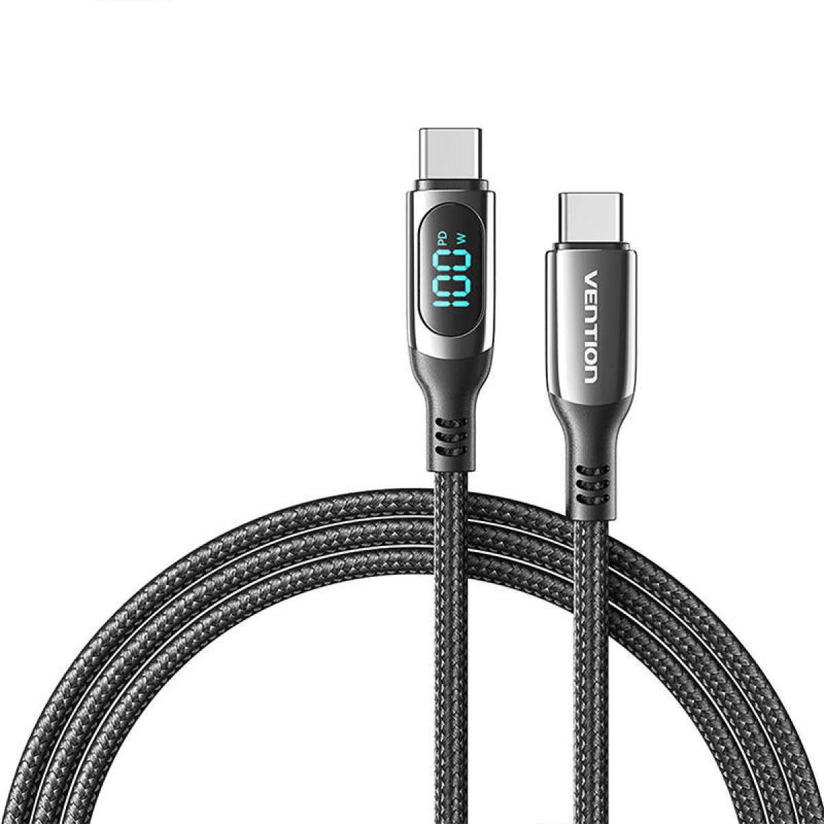 Czarny kabel USB-C z wyświetlaczem zasilania, białe tło.