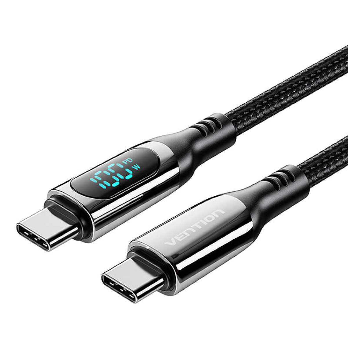 Dwa czarne kable USB-C z cyfrowym wyświetlaczem, czarne i srebrne złącza, na białym tle.