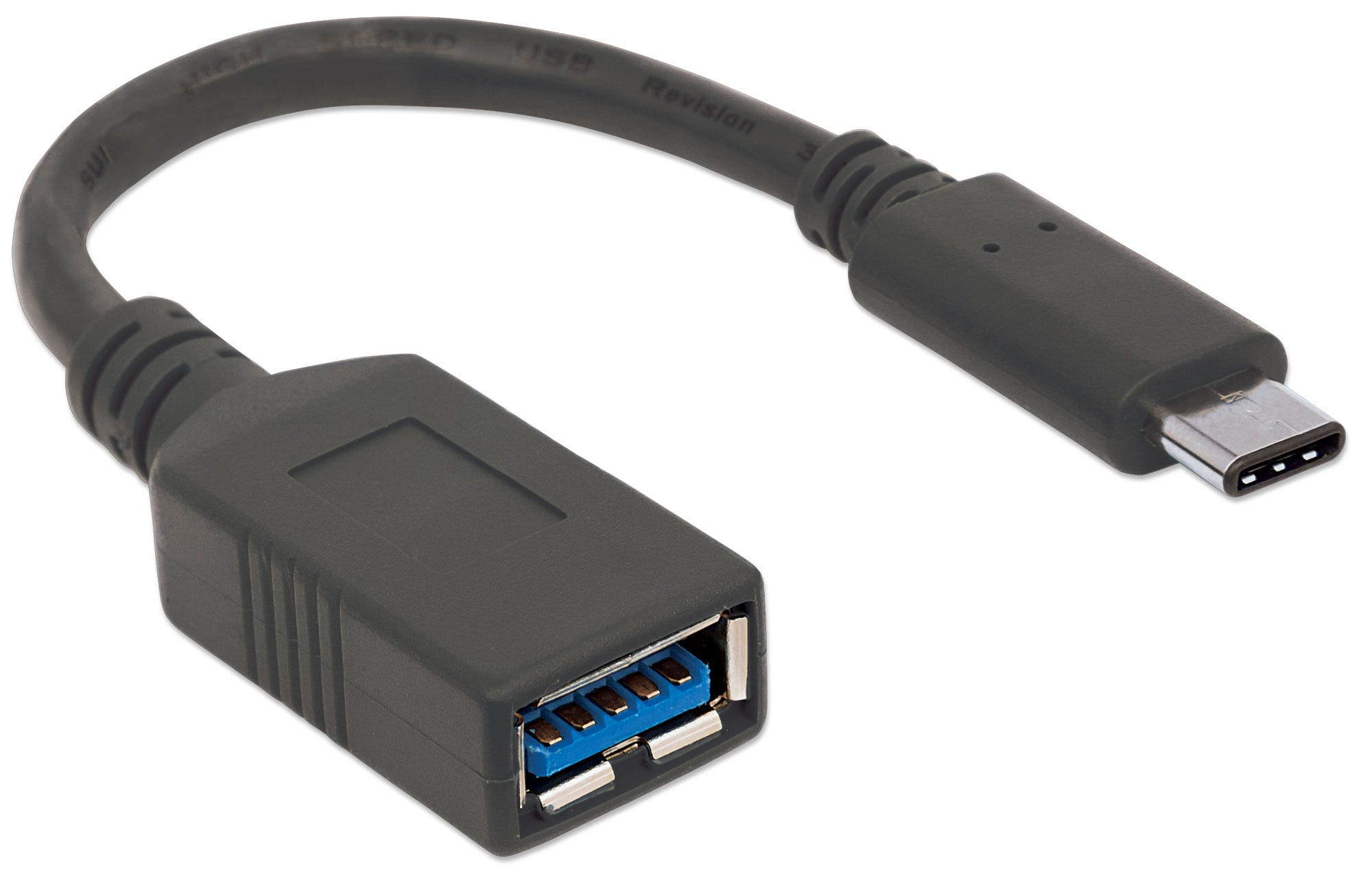 USB-A to USB-C adapter cable. One end is USB-A, the other is USB-C. Dark gray.