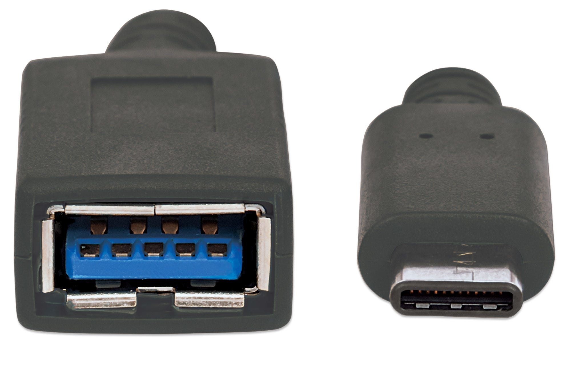 Two black USB connectors, a USB and a USB-C, on a white background.
