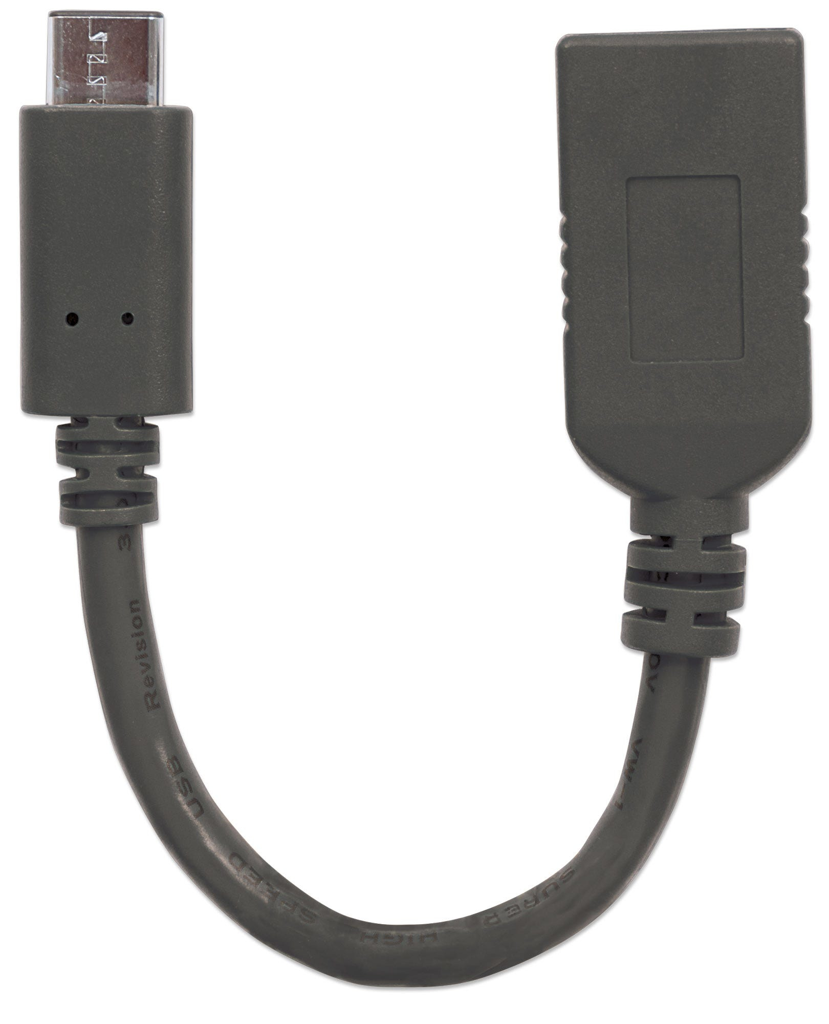 Gray USB-C to USB adapter cable, curved shape, white background.