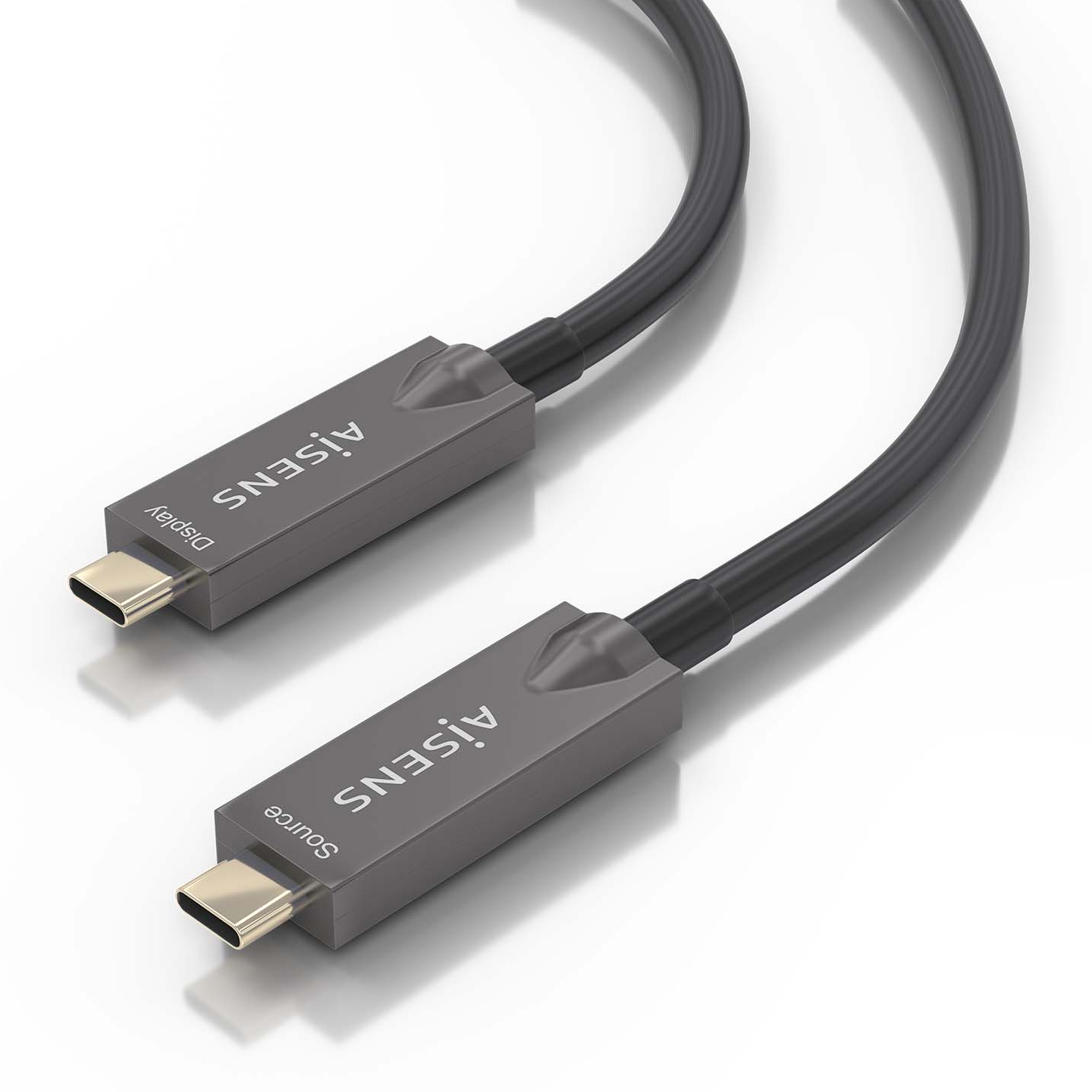 Due cavi USB-C grigi con connettori a ogni estremità. La parola AISENS è su entrambi i connettori.