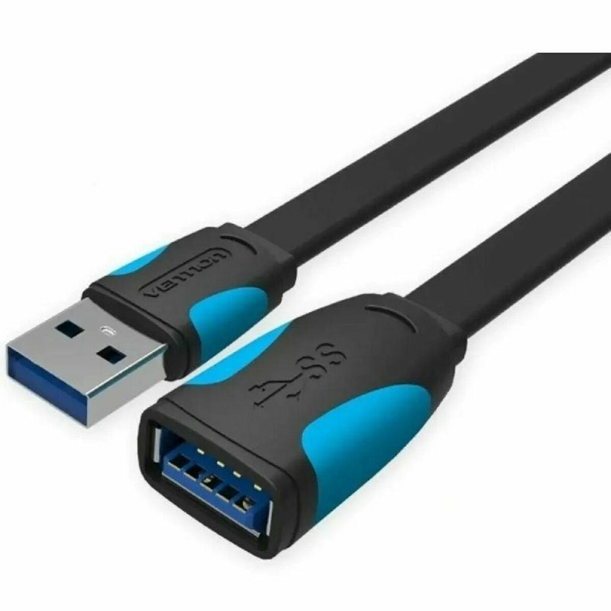 Un cavo USB nero con un accento blu. Un'estremità è USB-A, l'altra è USB-A femmina.