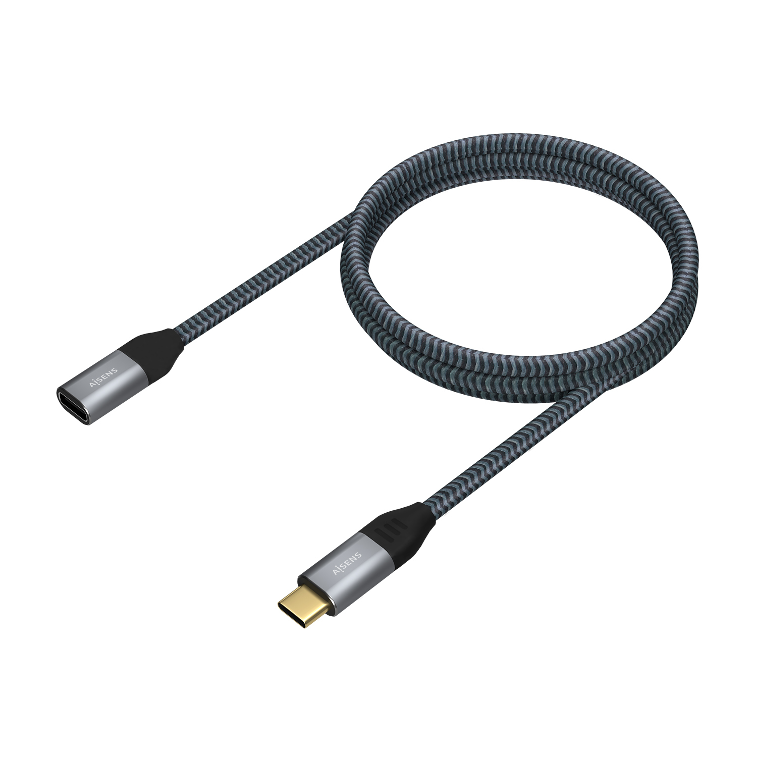 Gevlochten grijze en zwarte USB-C kabel. Connectoren zijn zilver en zwart. Witte achtergrond.