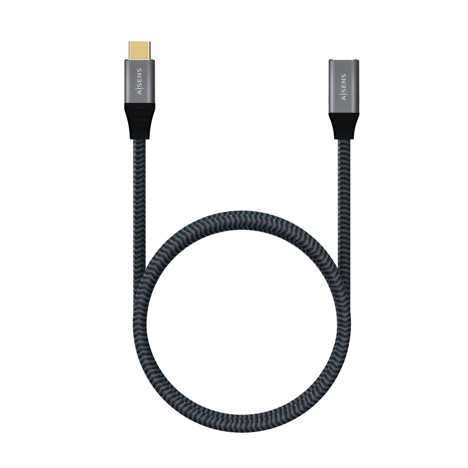 Een zwarte USB-C-kabel met een grijs en zwart gevlochten ontwerp. De kabel is gelust.