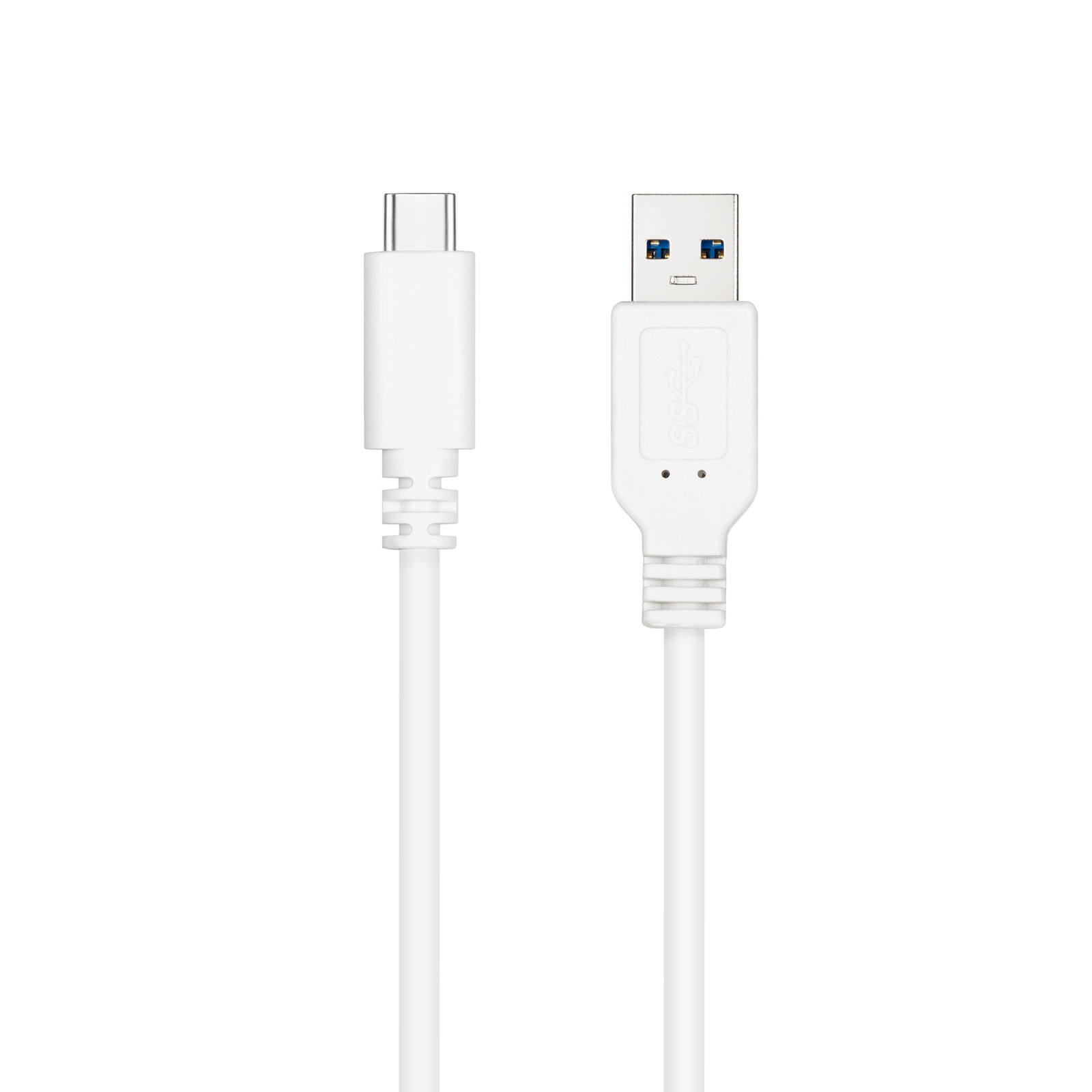 Biały kabel USB-C do USB na białej powierzchni, z białym tłem.