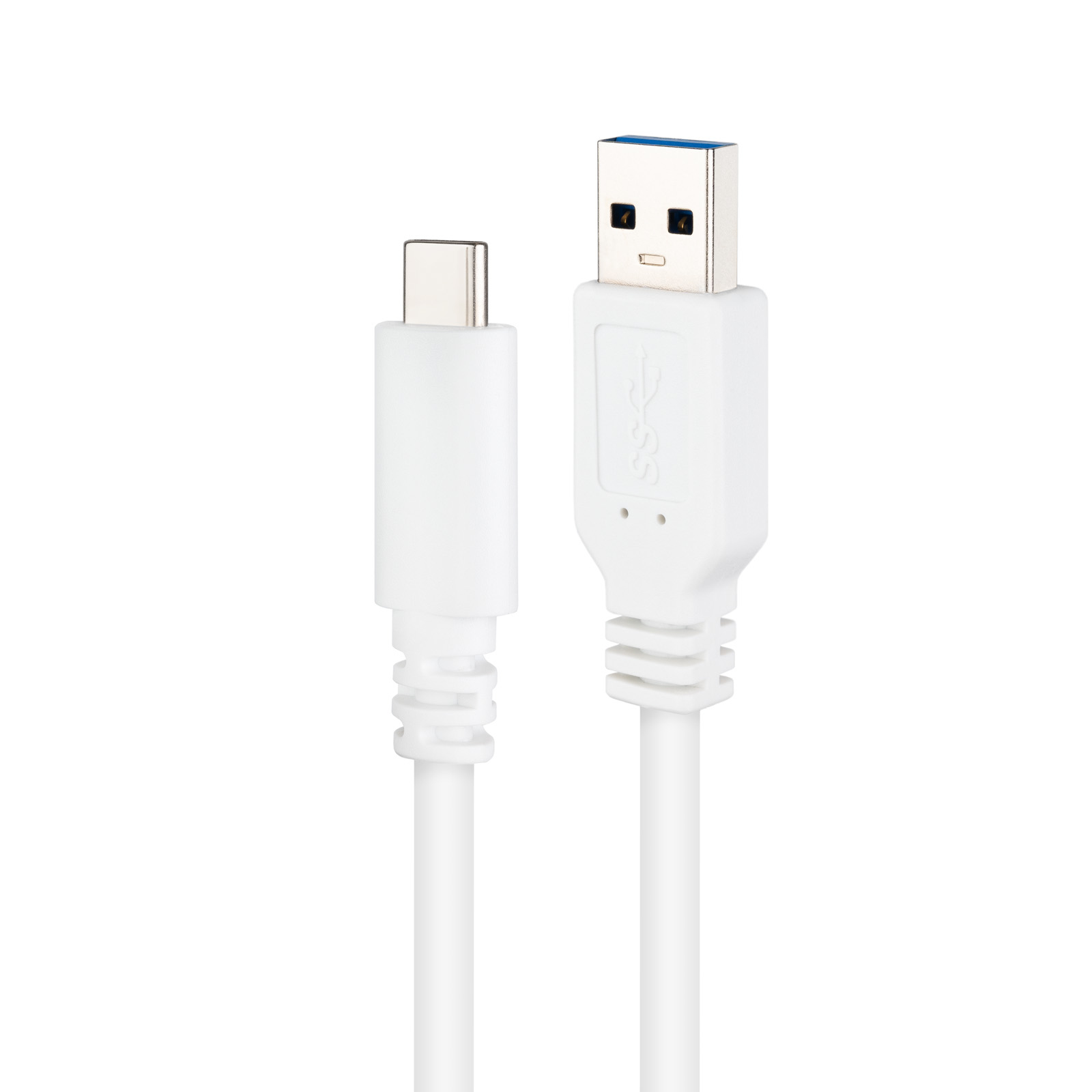 Biały kabel USB ze złączem USB-C i USB-A. Złącza są białe i niebieskie.
