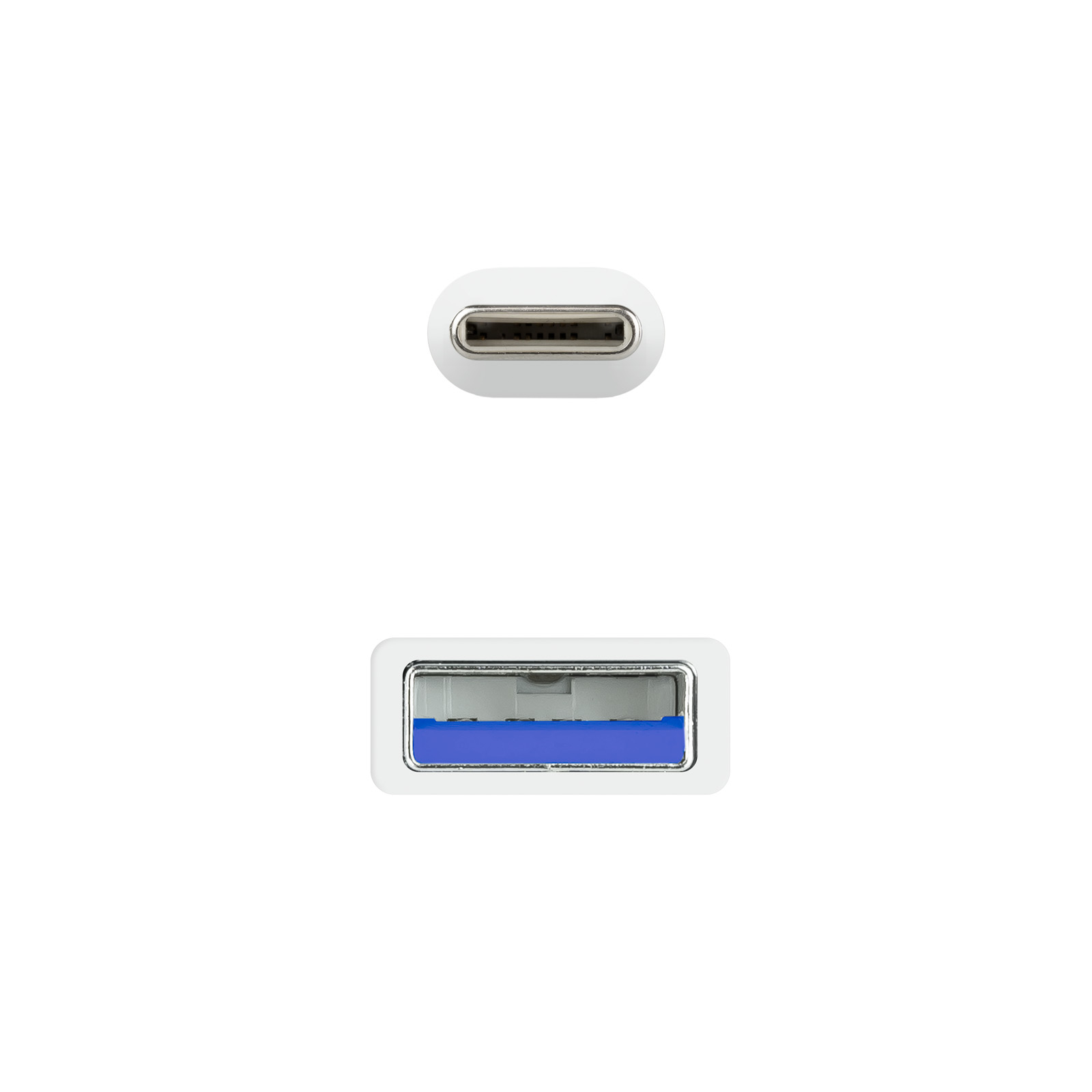 Zbliżenie dwóch złączy USB-C. Jedno z boku, drugie z góry, oba białe.