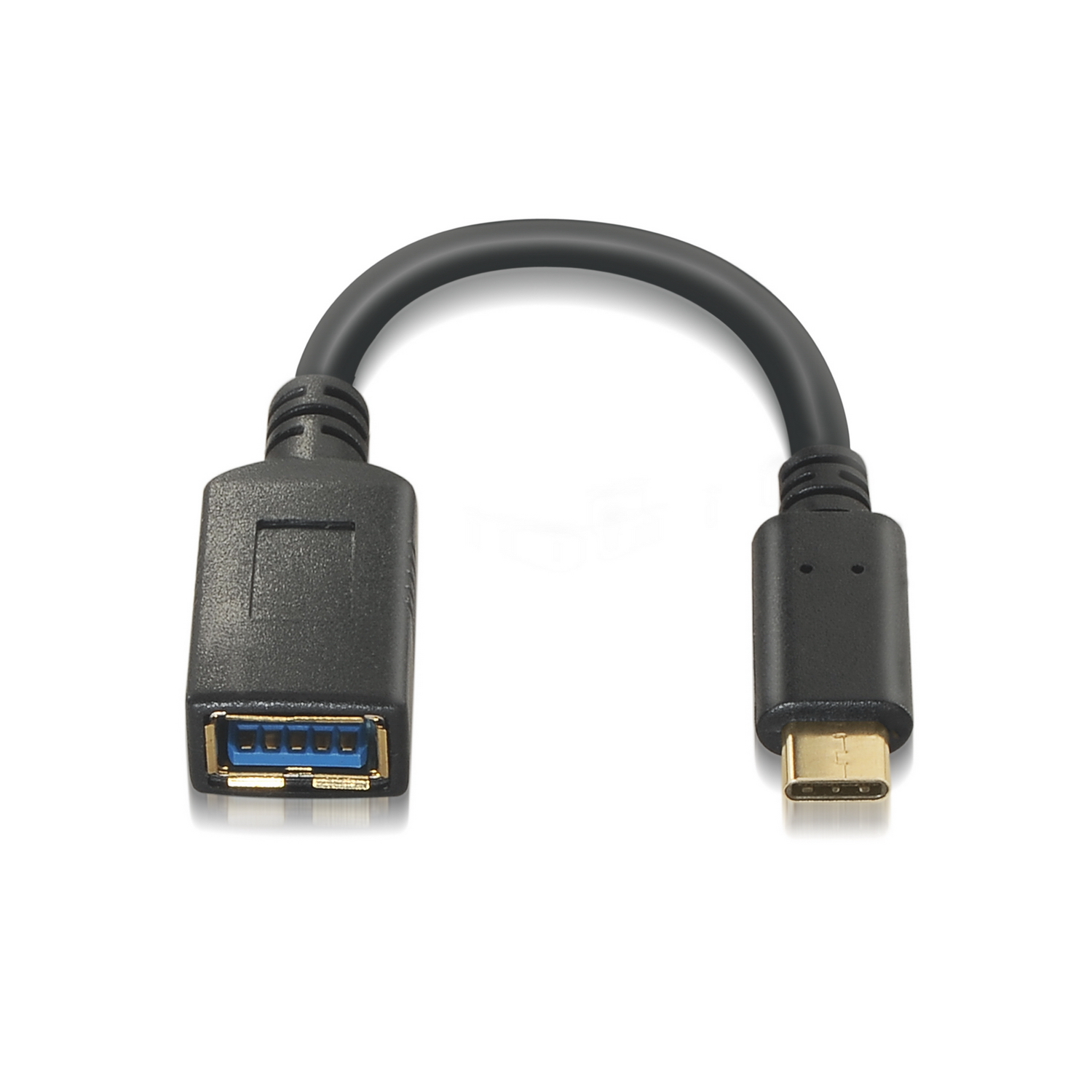 Zwarte USB-A naar USB-C adapterkabel op witte achtergrond.