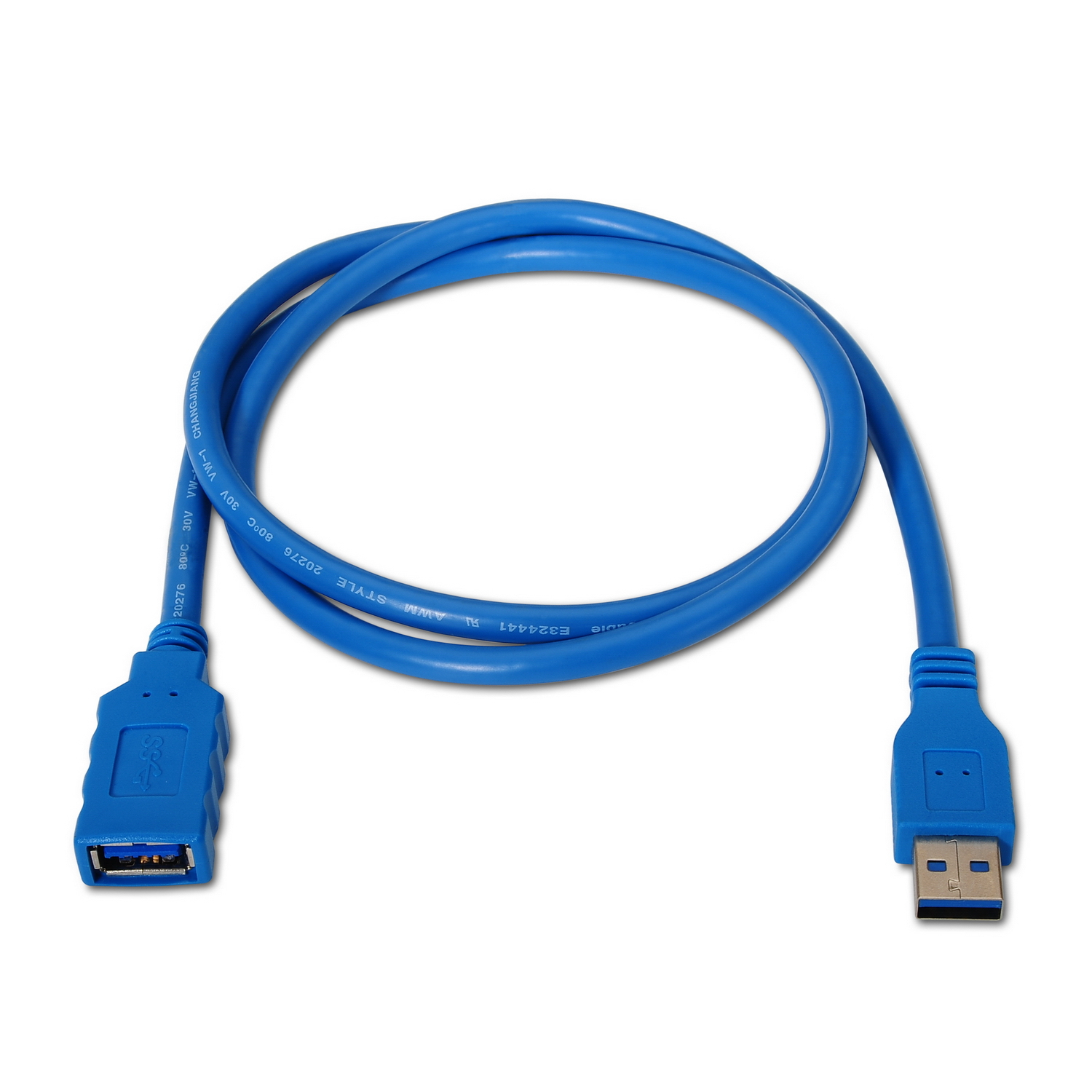 Blauwe USB-kabel, USB-A aan beide uiteinden, in een lusvorm.