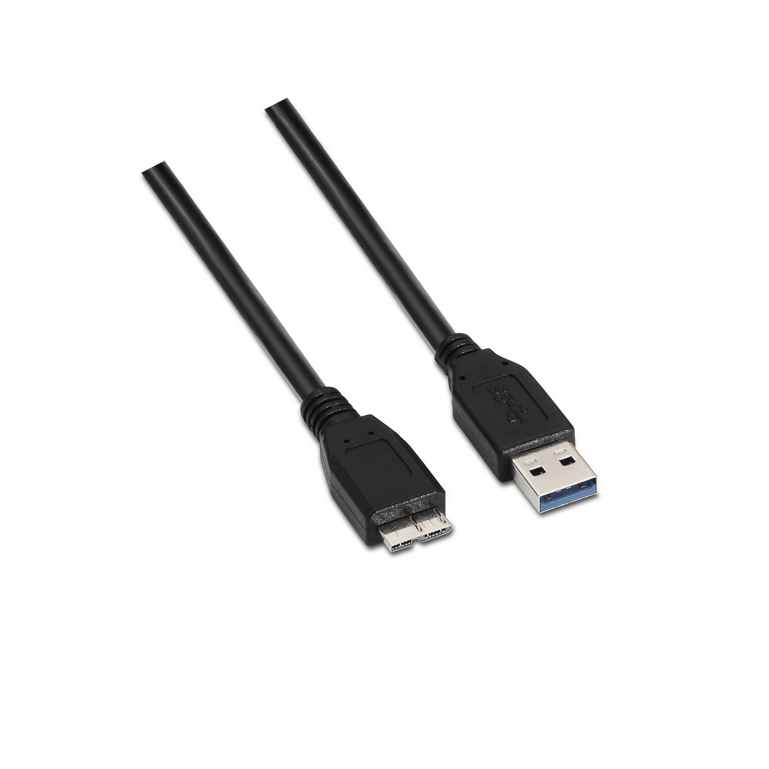 Cable USB 3.0 a Micro USB negro, fondo blanco.