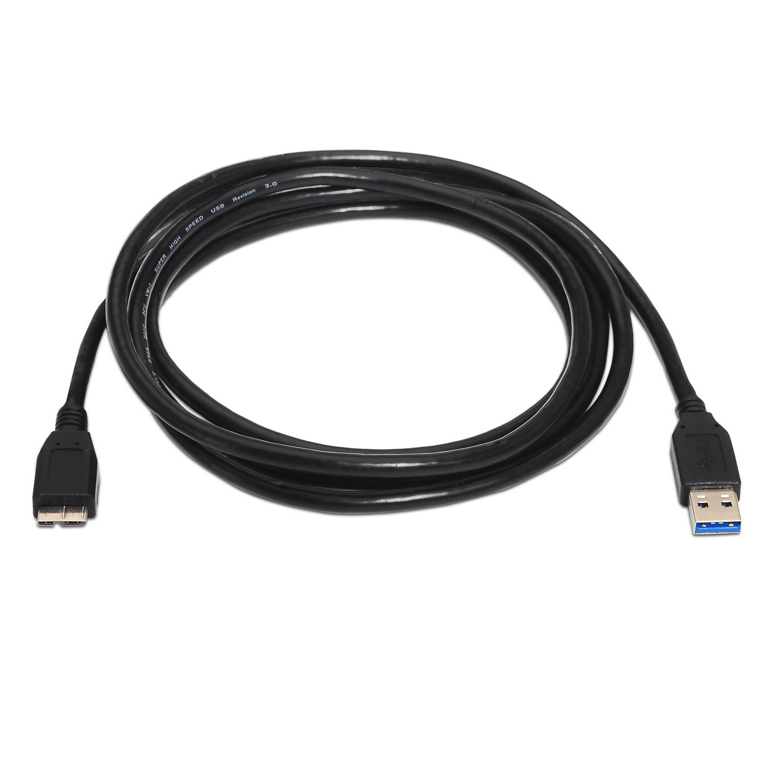 Cable USB negro, enrollado, con dos tipos de conectores diferentes sobre fondo blanco.