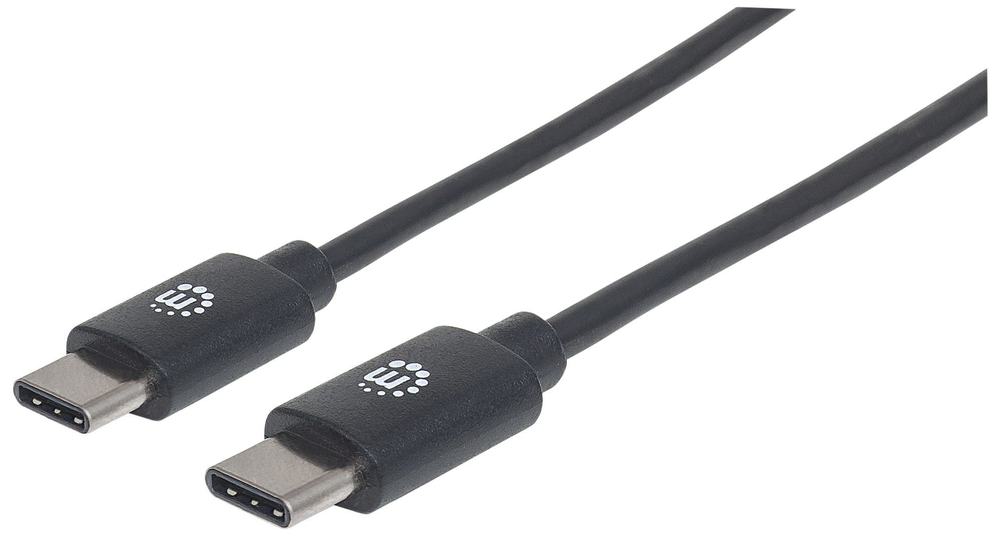 Deux câbles USB-C noirs avec le logo sur les connecteurs, sur fond blanc. Les connecteurs sont orientés vers la gauche.