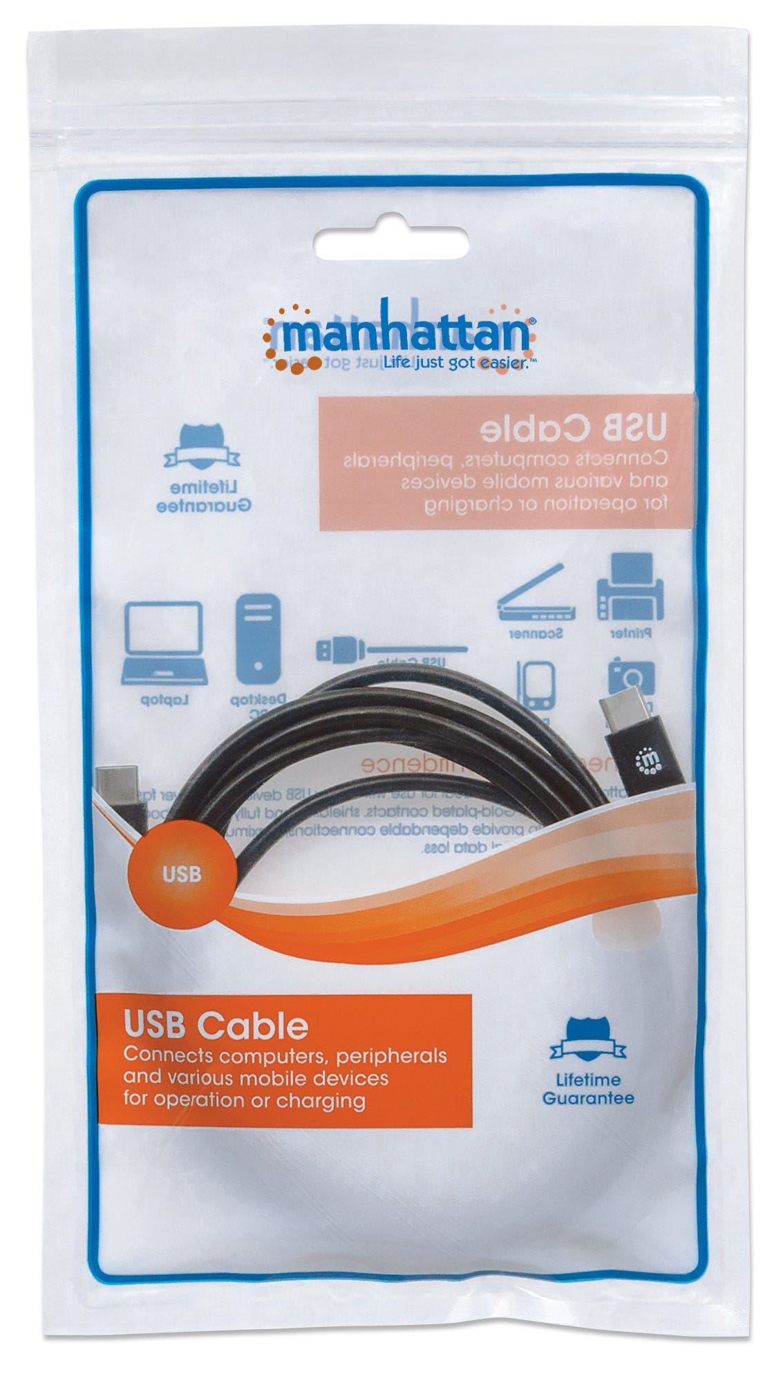 Câble USB dans un emballage plastique transparent, avec le logo Manhattan et les détails du produit.