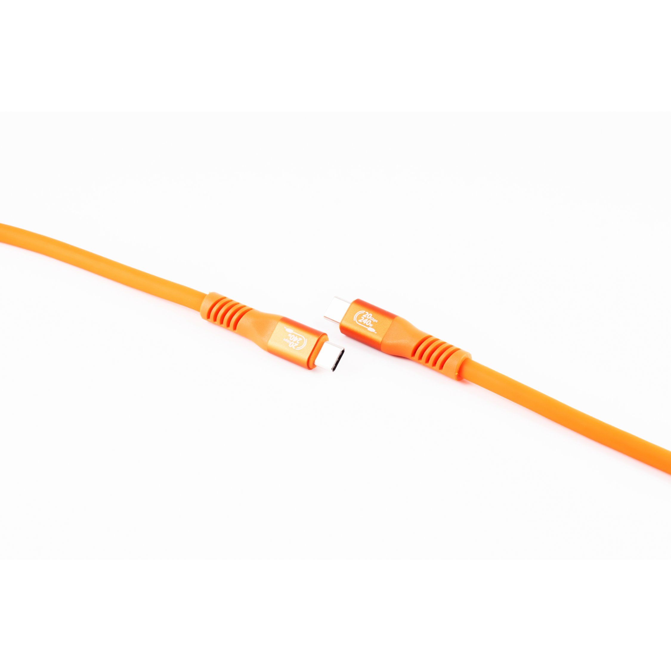 Cavo USB-C arancione con due connettori.