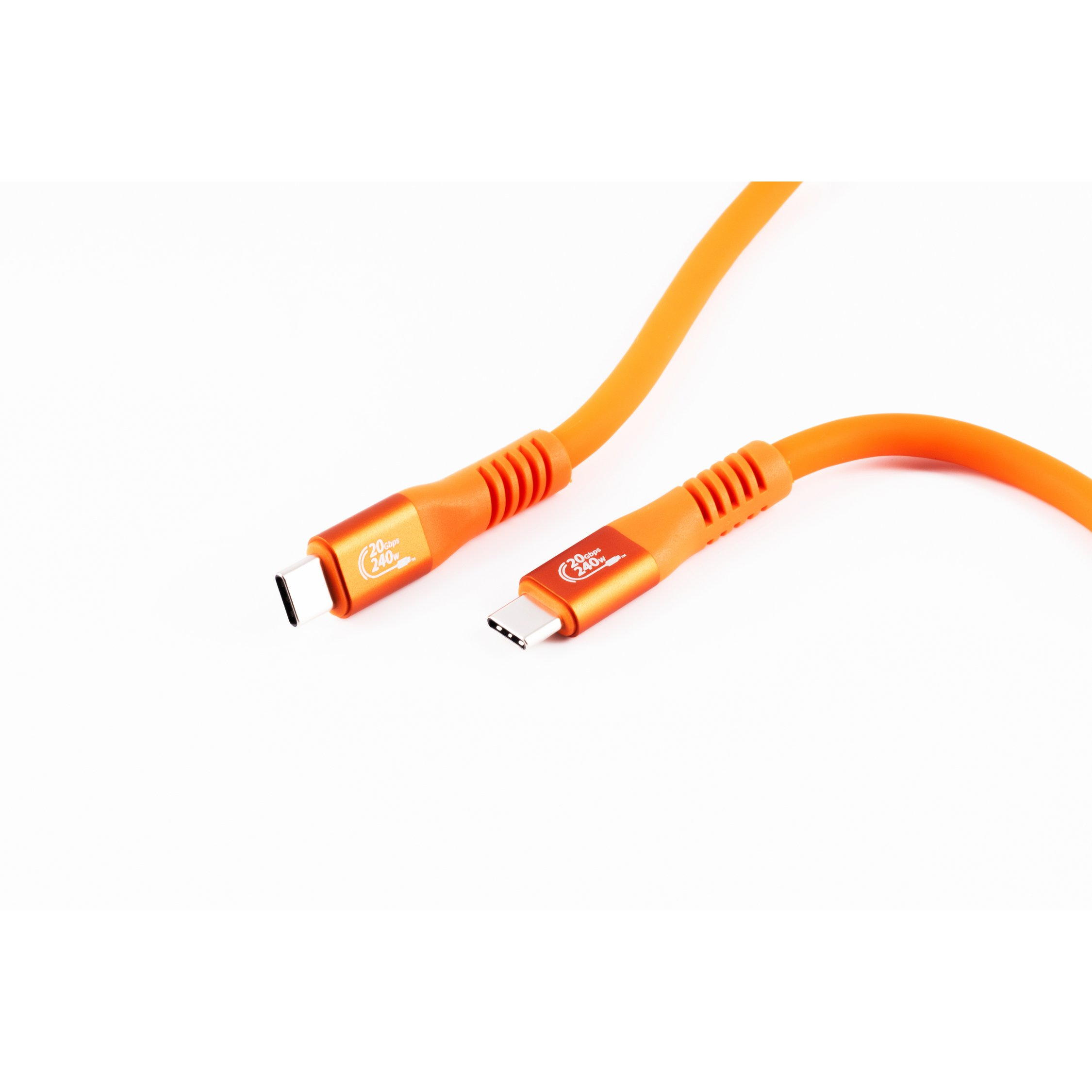 Due cavi USB-C arancioni, con sfondo bianco. I cavi hanno dettagli arancioni e neri.