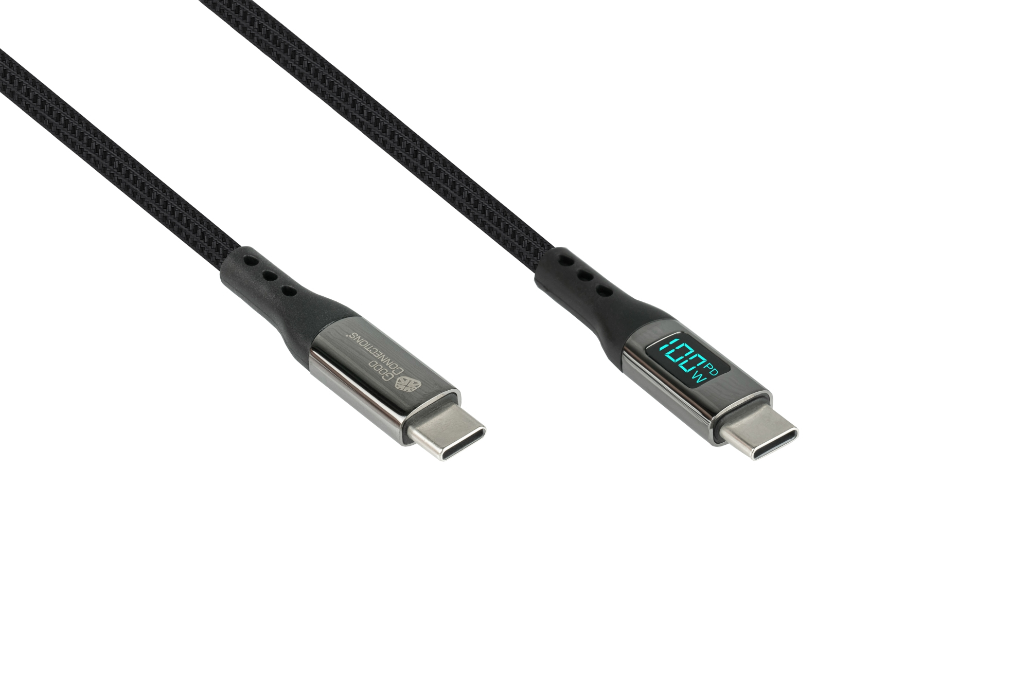 Cavo USB-C nero con display di alimentazione, cavo nero e grigio.