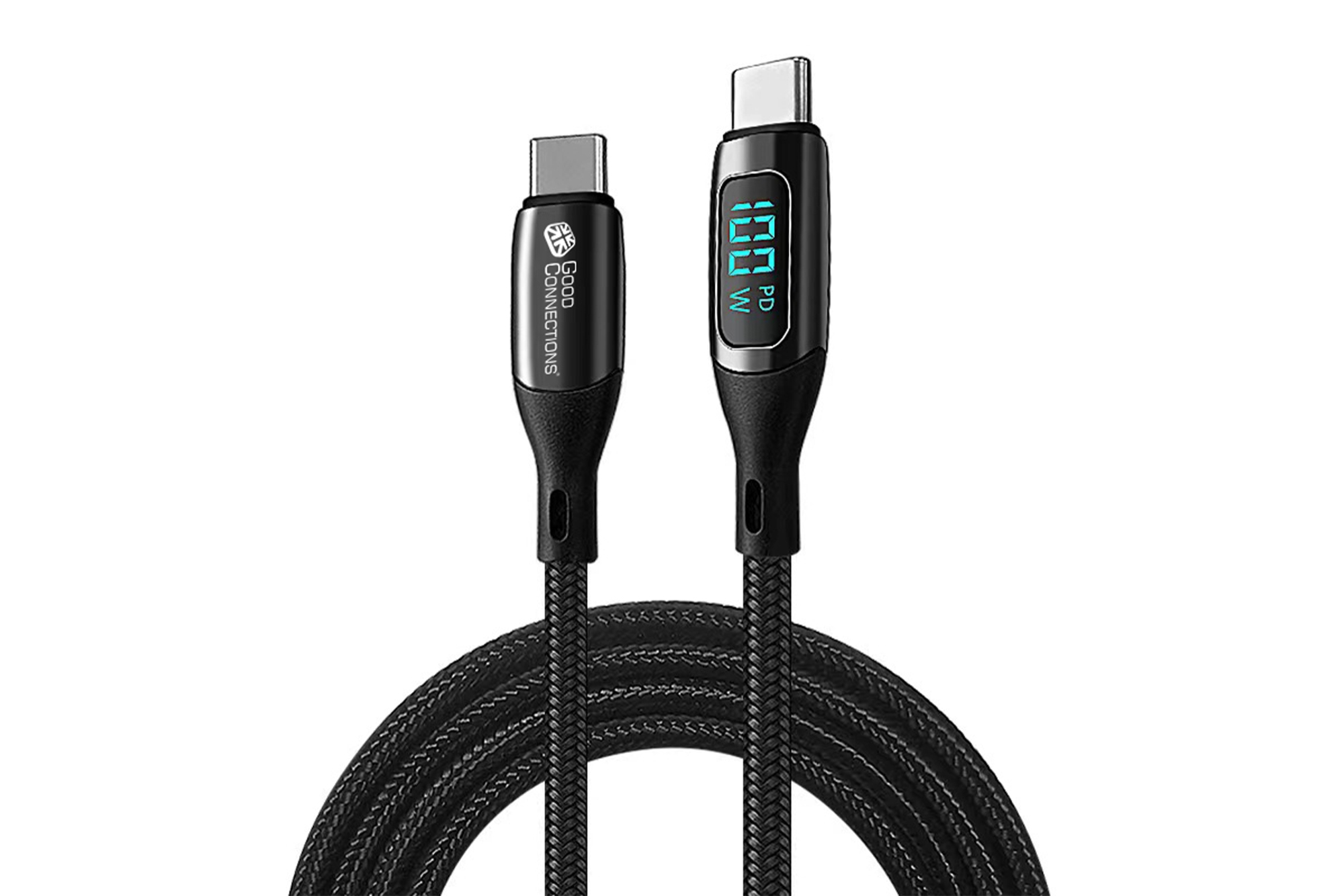 Cavo USB-C nero. Testo: Good Connections. Il display mostra 100W. Il cavo è su una superficie bianca.