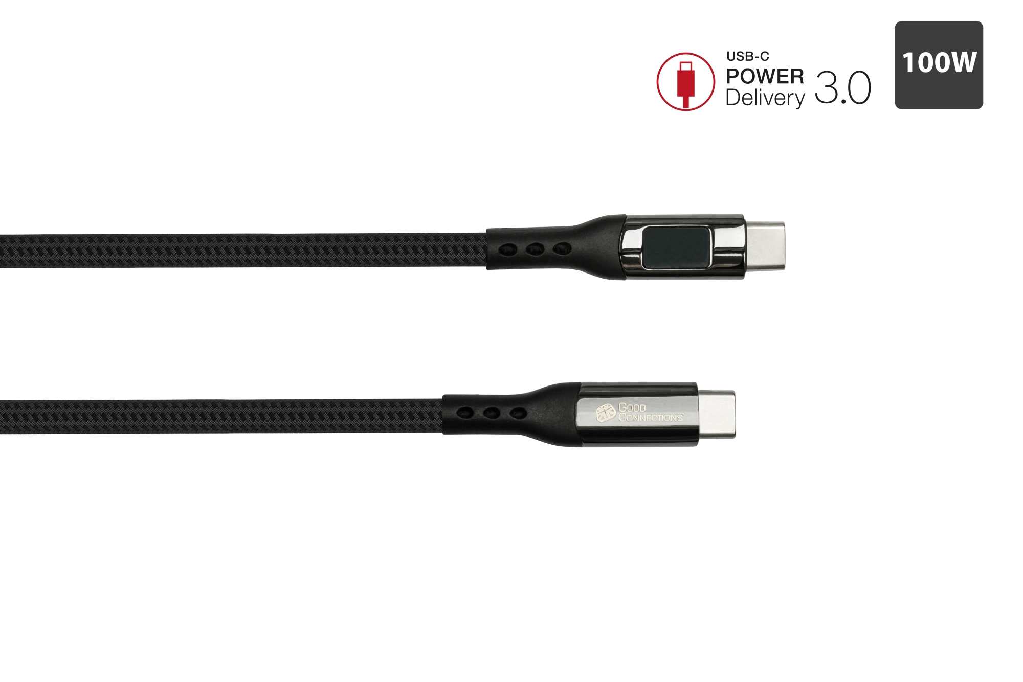Due cavi USB-C neri su sfondo bianco con testo che indica USB-C Power Delivery 3.0.