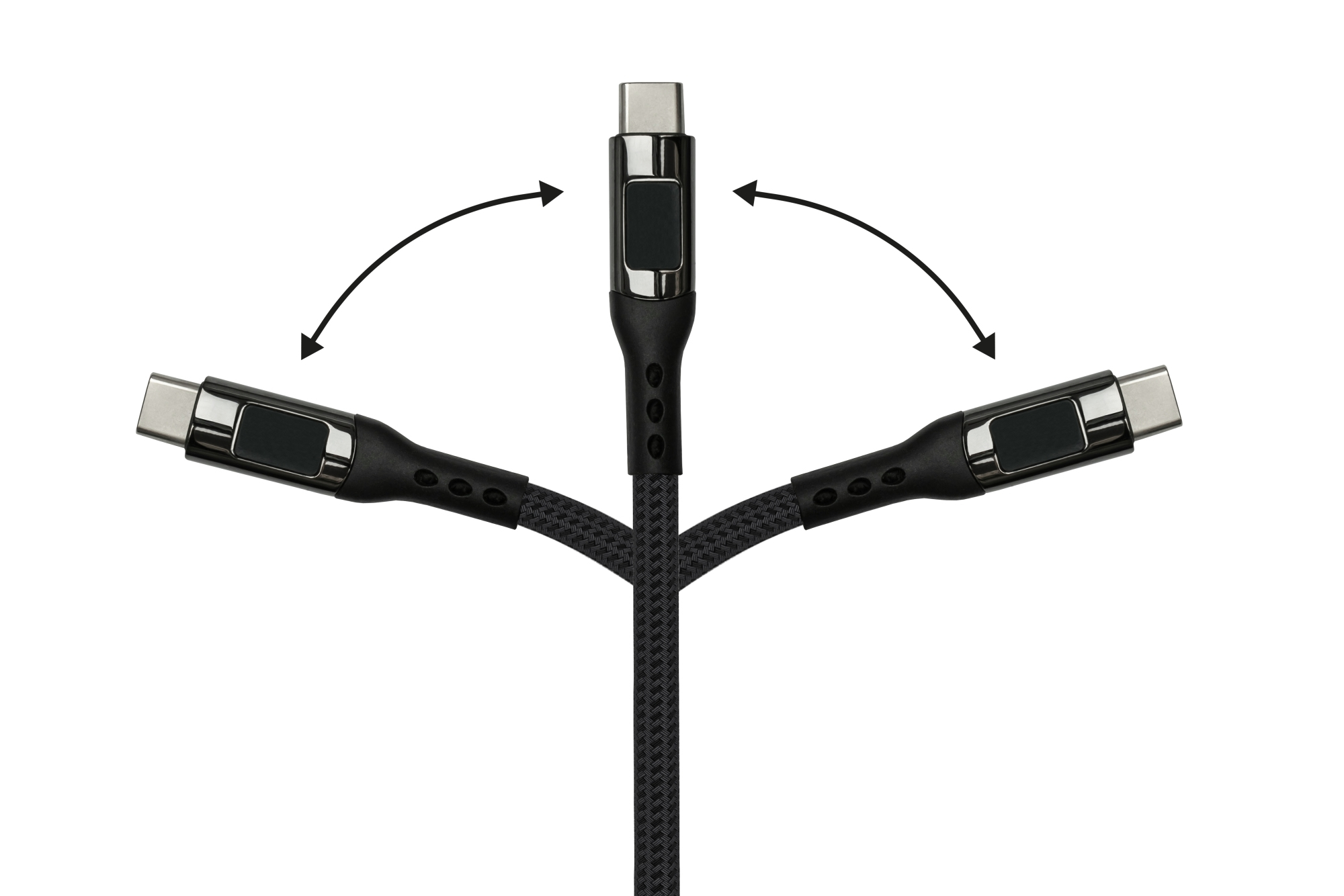 Cavo USB-C nero con tre connettori. Le frecce indicano la rotazione. Sfondo bianco.