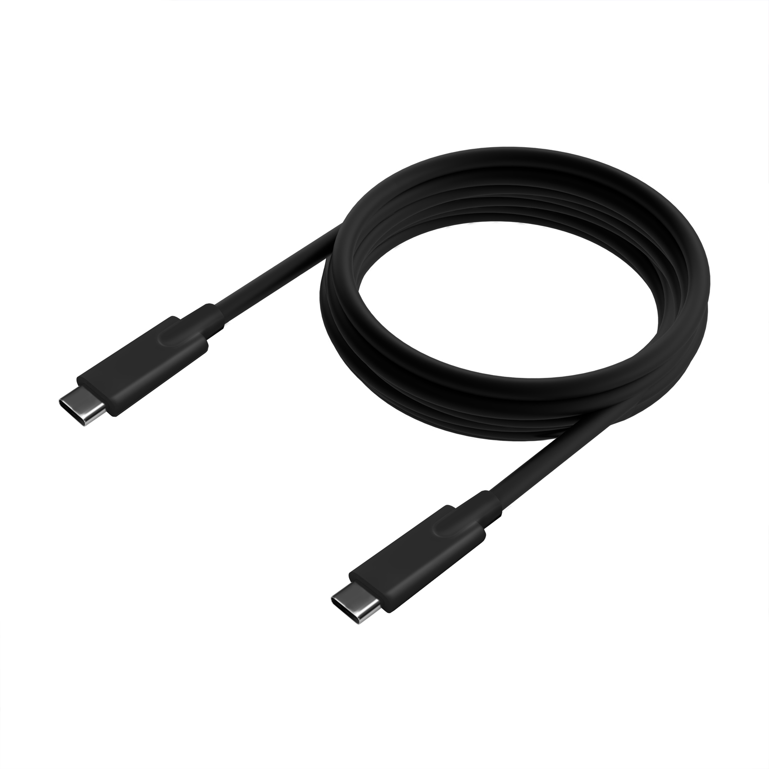 Cavo USB-C nero con due connettori, arrotolato, su sfondo bianco, con angoli arrotondati.