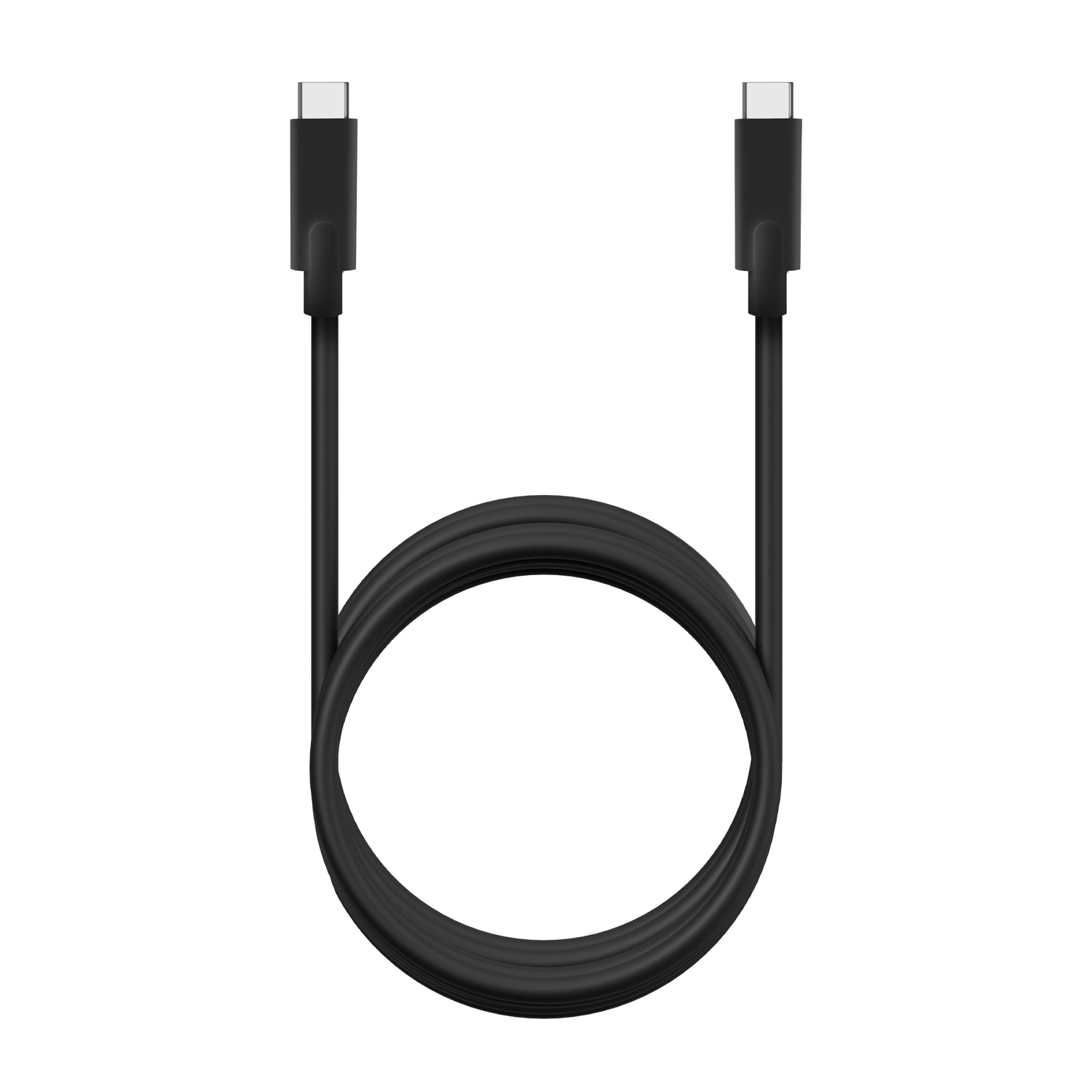 Un cavo USB-C nero con connettori a ogni estremità. Il cavo forma una U.