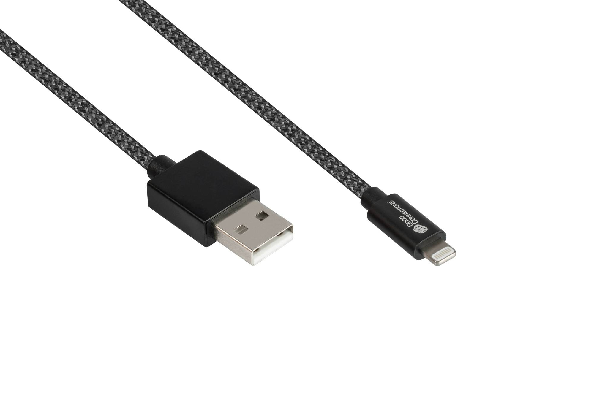 Zwarte USB-kabel met USB-A en lightning connectoren. Witte achtergrond.