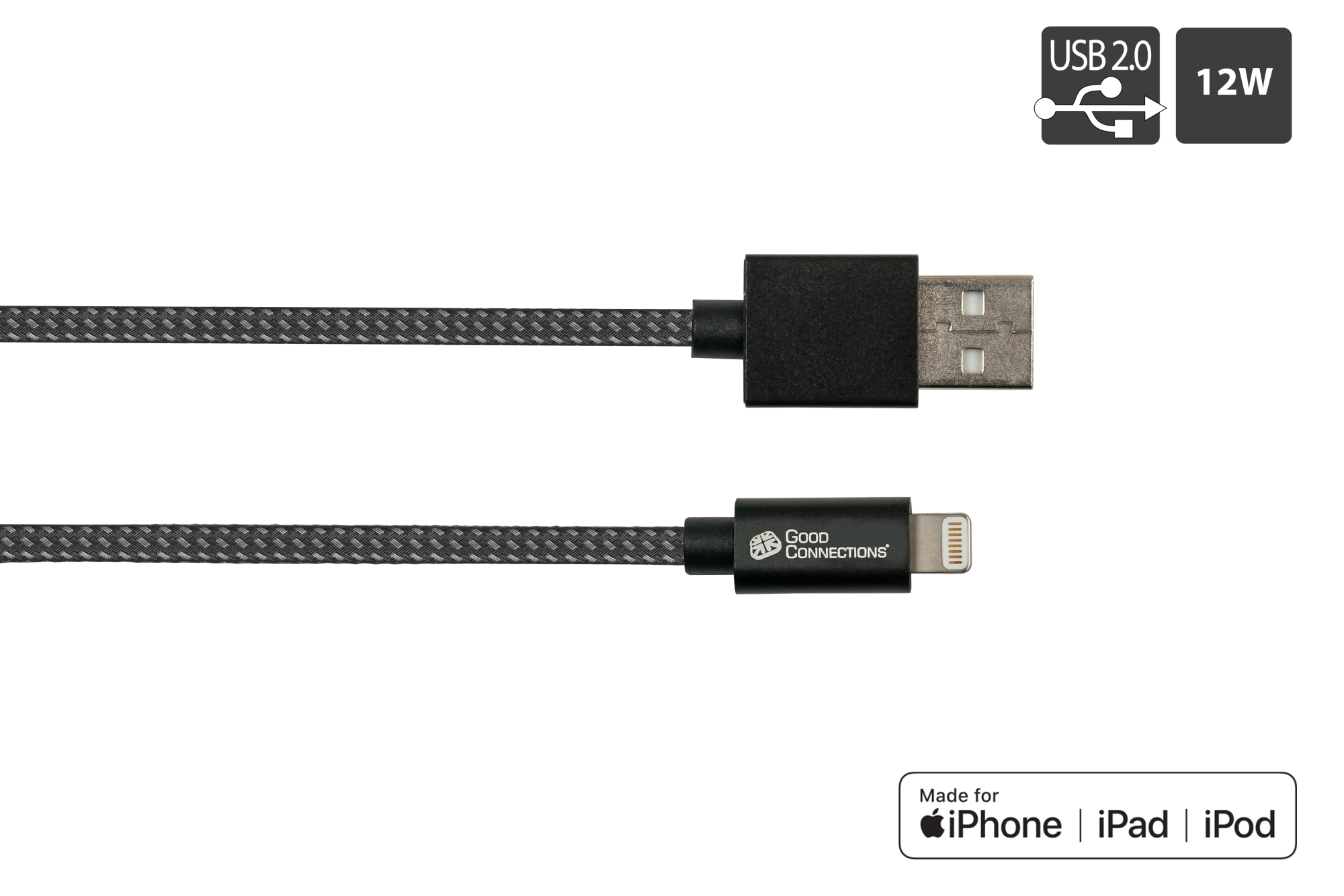 Zwarte kabel met USB en Lightning connectoren, met tekst en iconen.