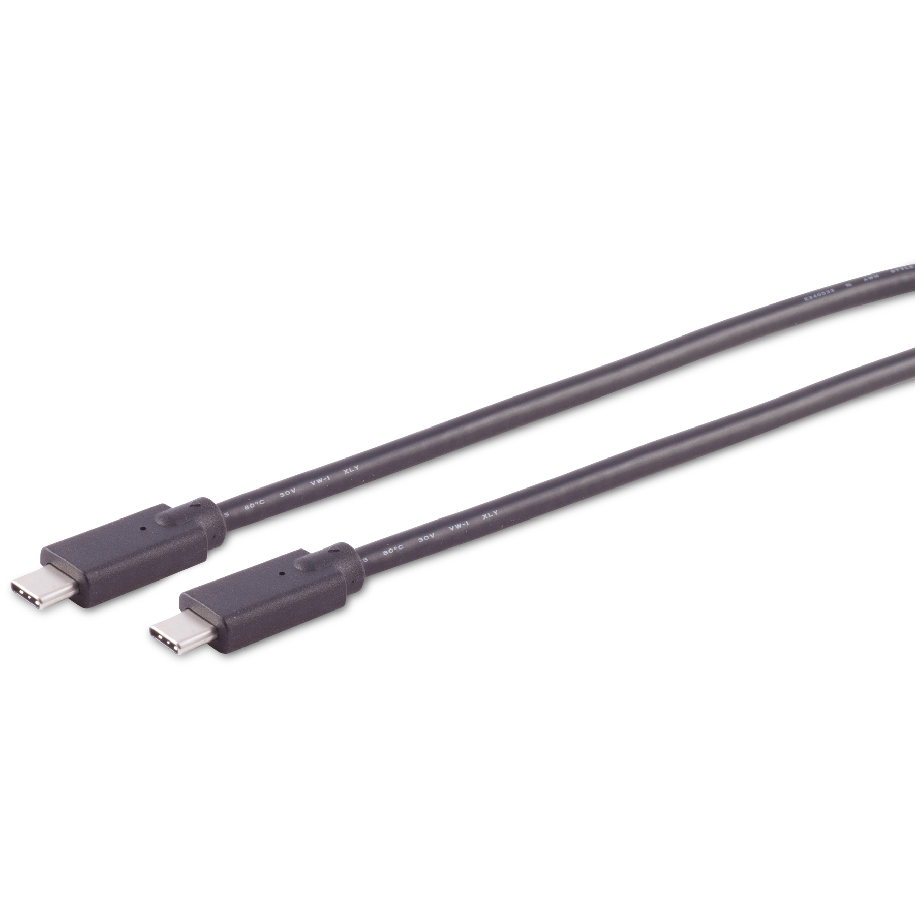 Due cavi USB-C neri su sfondo bianco, con connettori a ciascuna estremità.